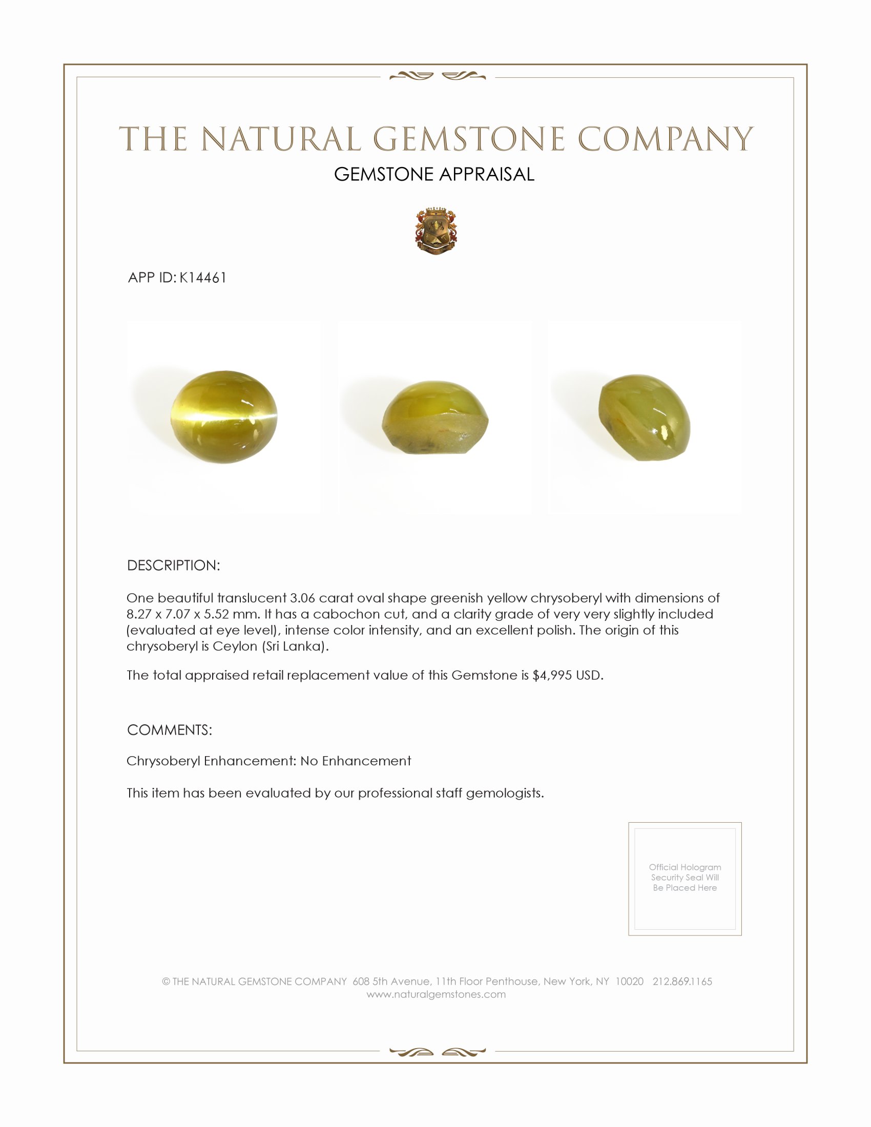 3.06 Ct. Cabochon Chrysoberyl from Ceylon (Sri Lanka)