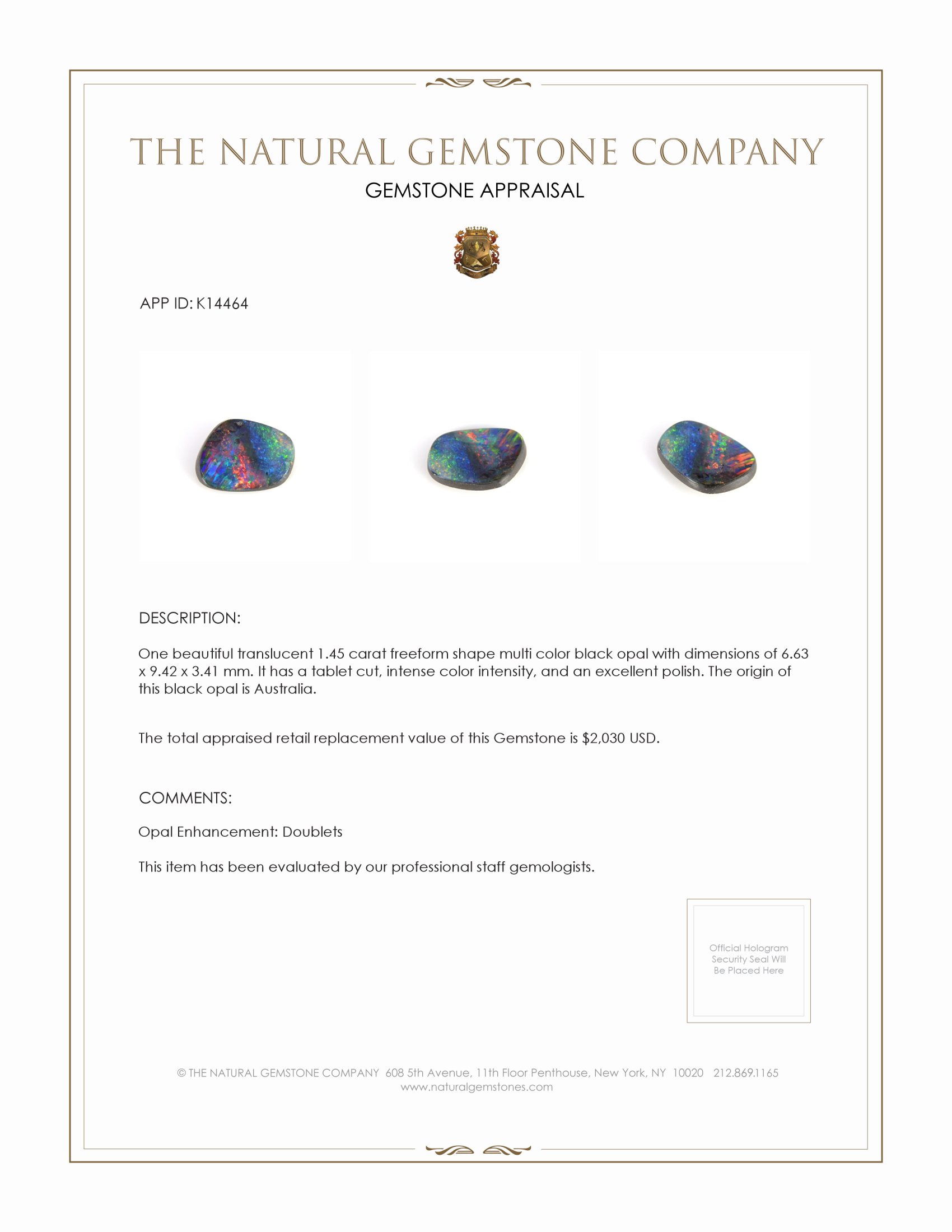 1.45 Ct. Multi Color Black Opal (Dark Opal) from Australia
