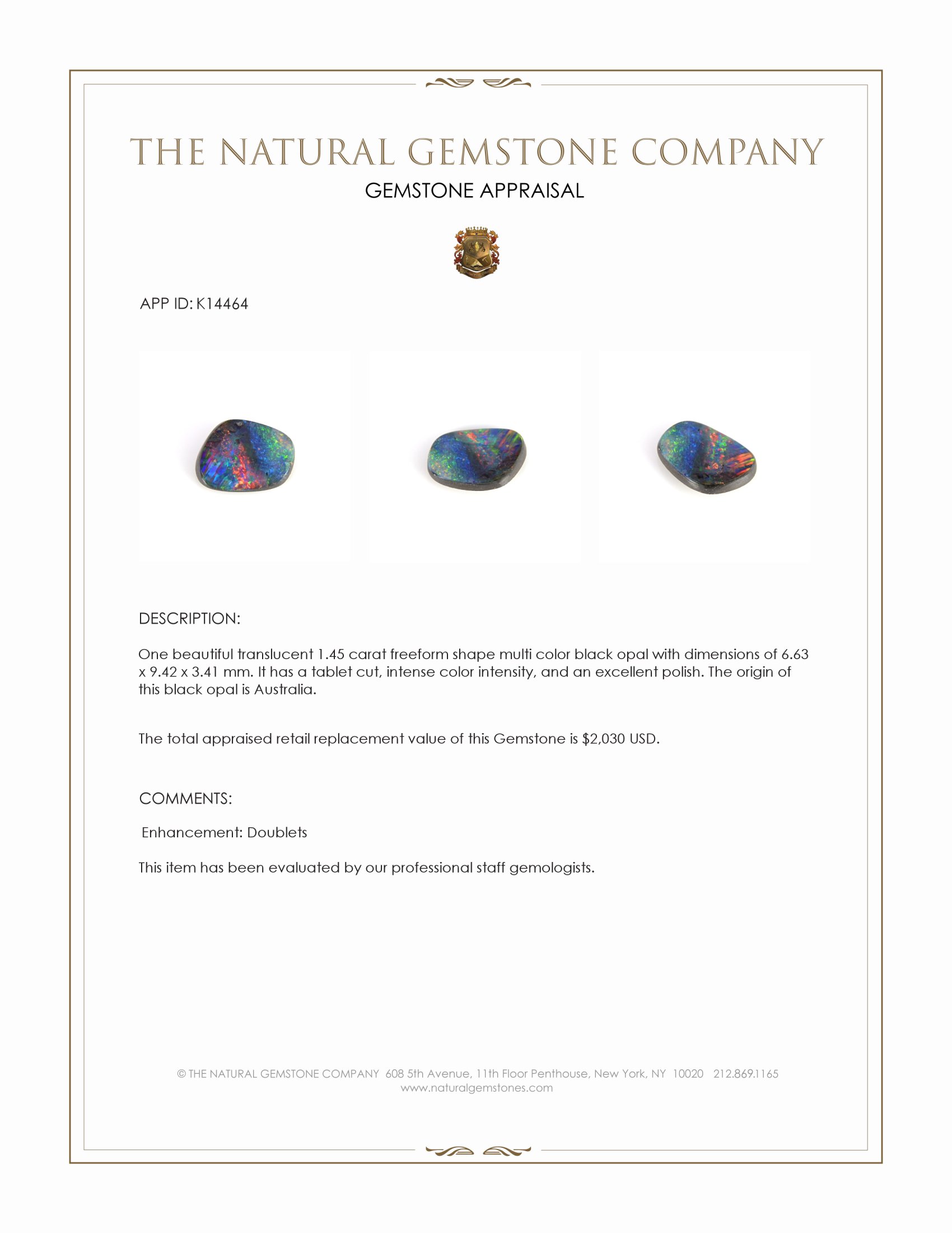 1.45 Ct. Multi Color Black Opal from Australia