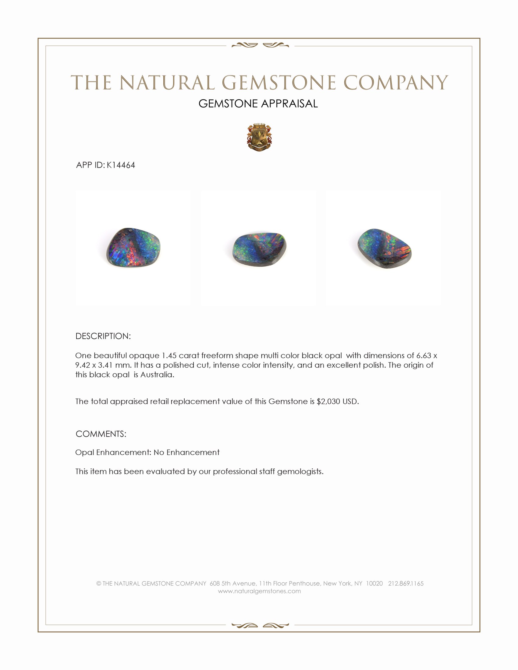 1.45 Ct. Multi Color Black Opal (Dark Opal) from Australia