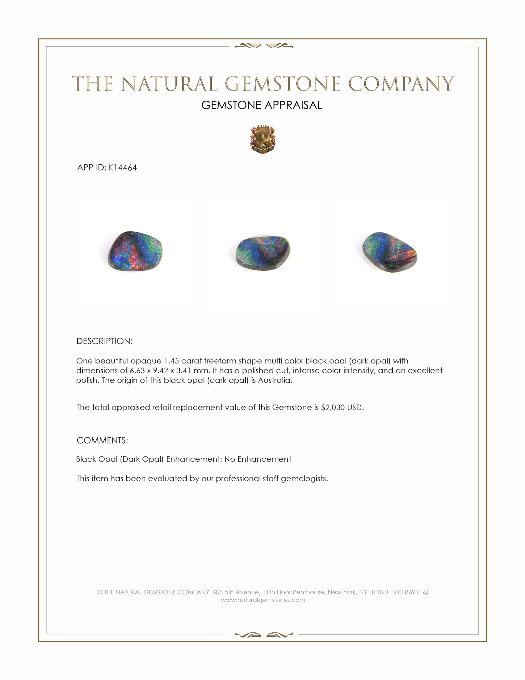 1.45 Ct. Multi Color Black Opal (Dark Opal) from Australia