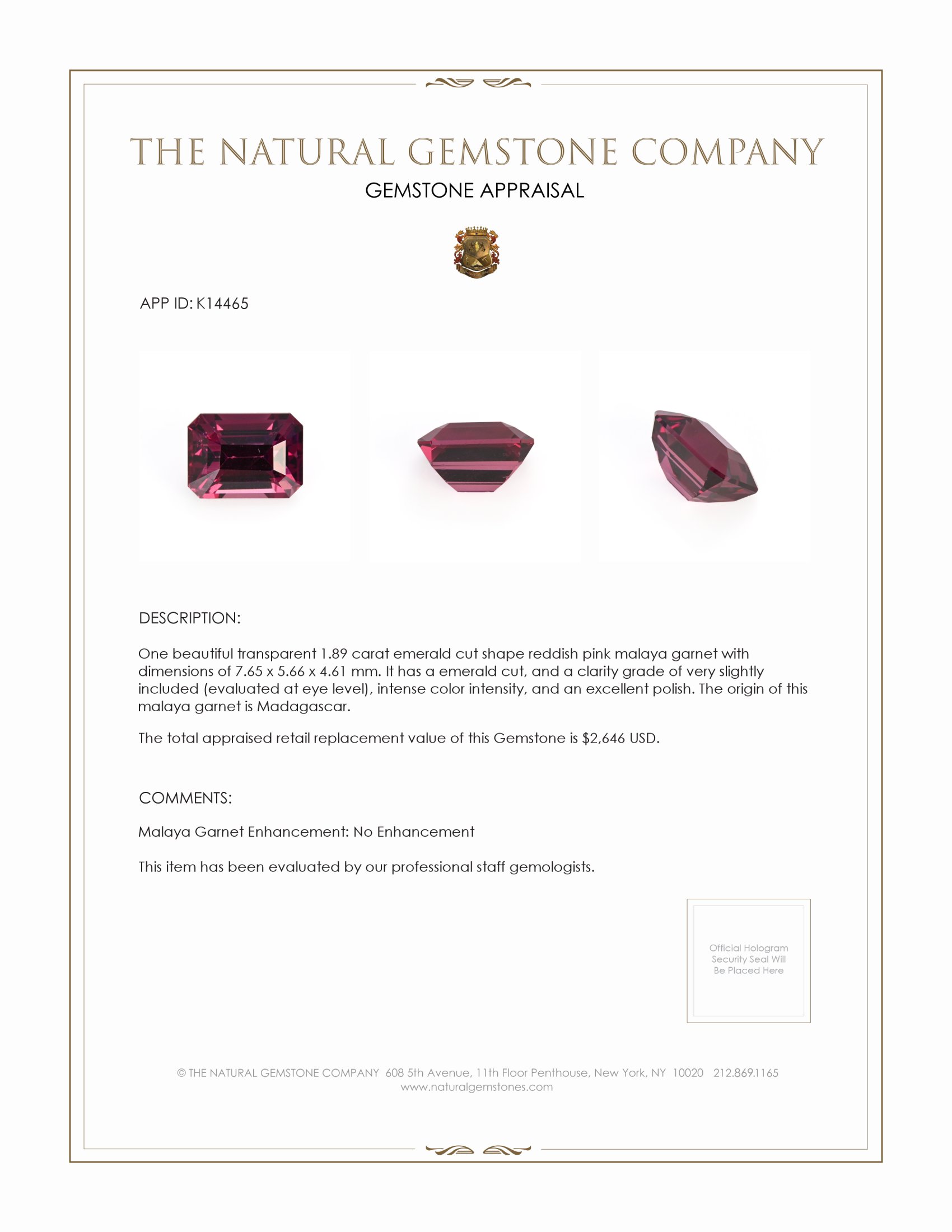1.89 Ct. Malaya Garnet from Madagascar