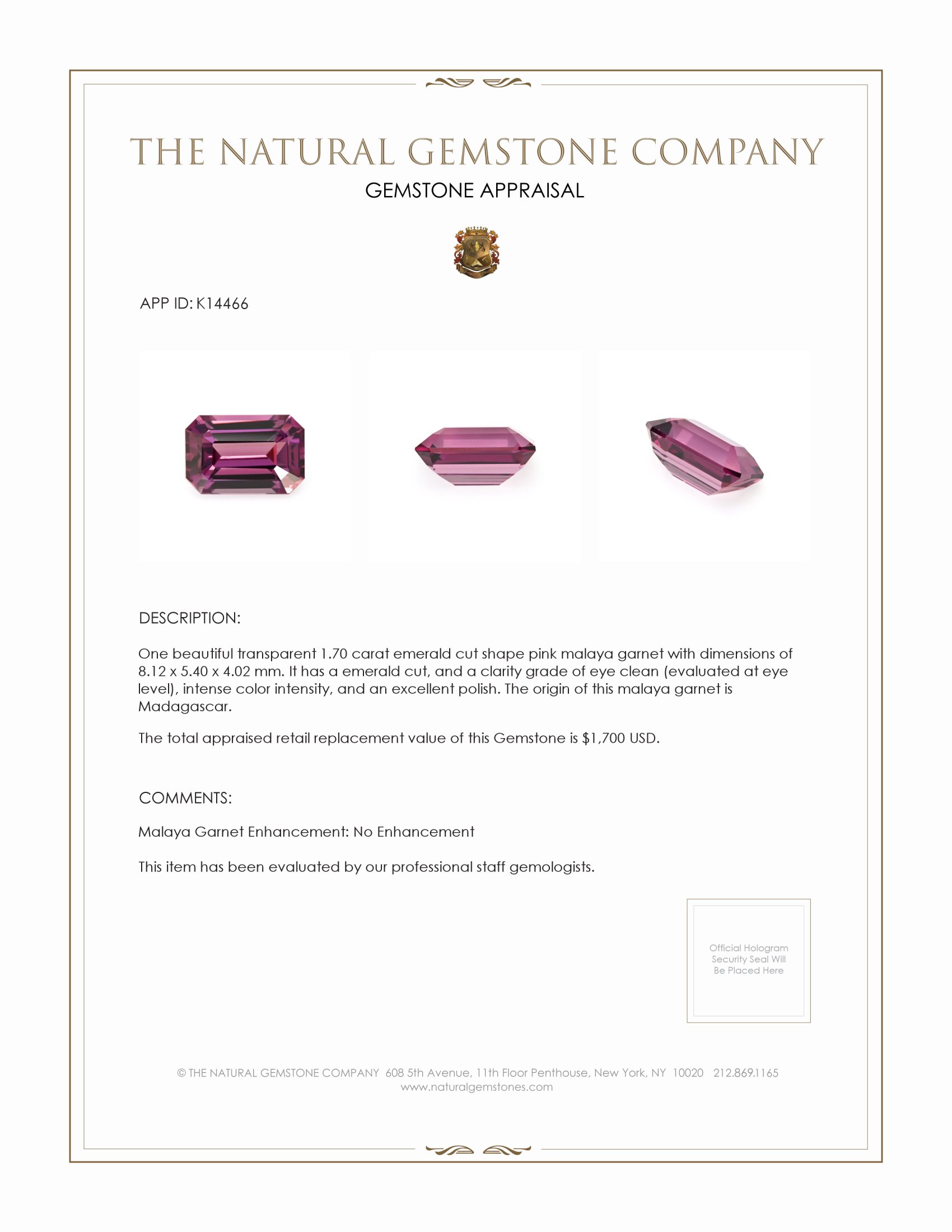 1.70 Ct. Pink Malaya Garnet from Madagascar