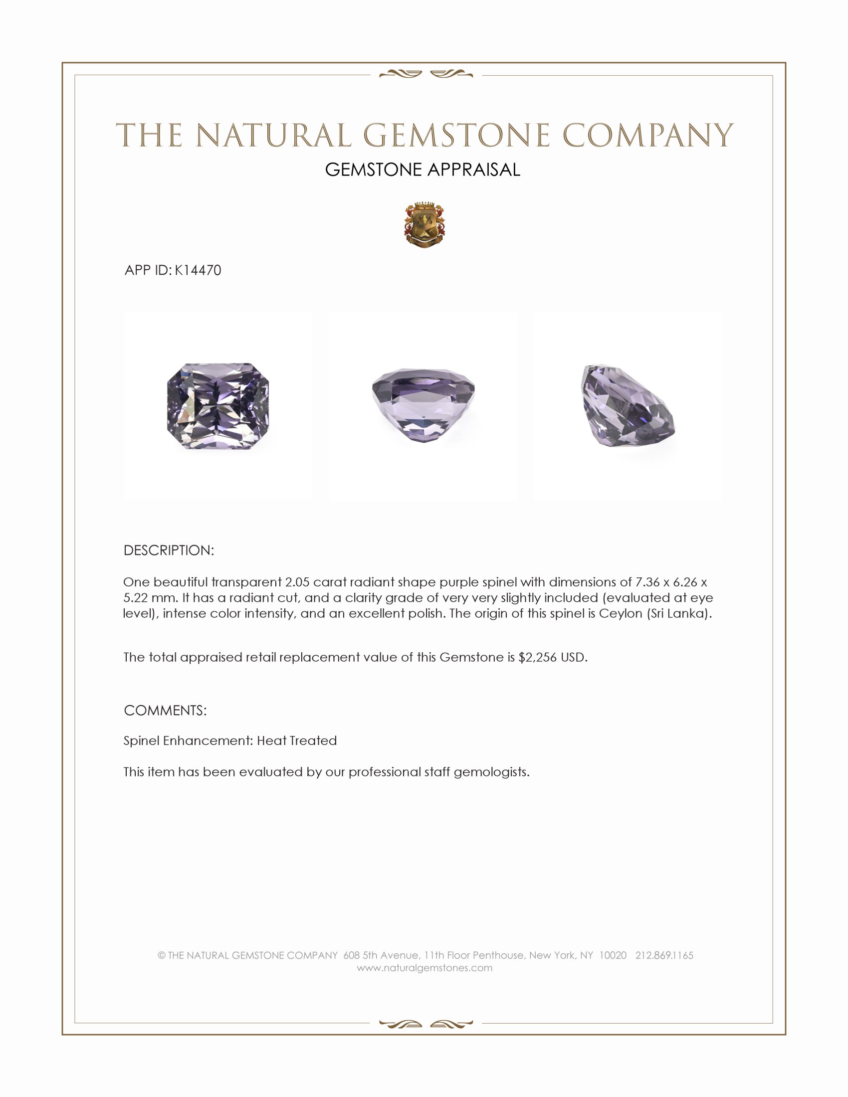 2.05 Ct. Purple Spinel from Ceylon (Sri Lanka)
