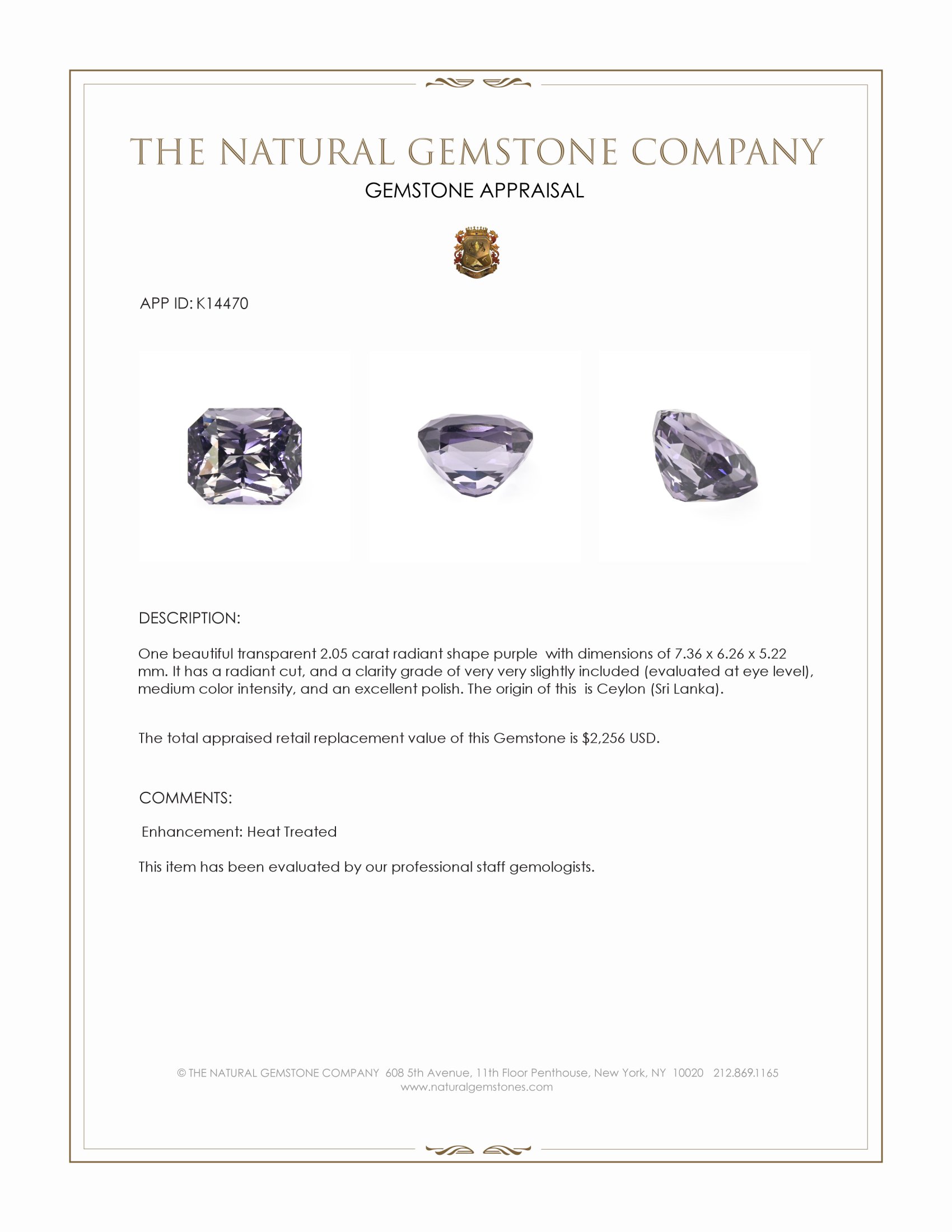 2.05 Ct. Purple Spinel from Ceylon (Sri Lanka)