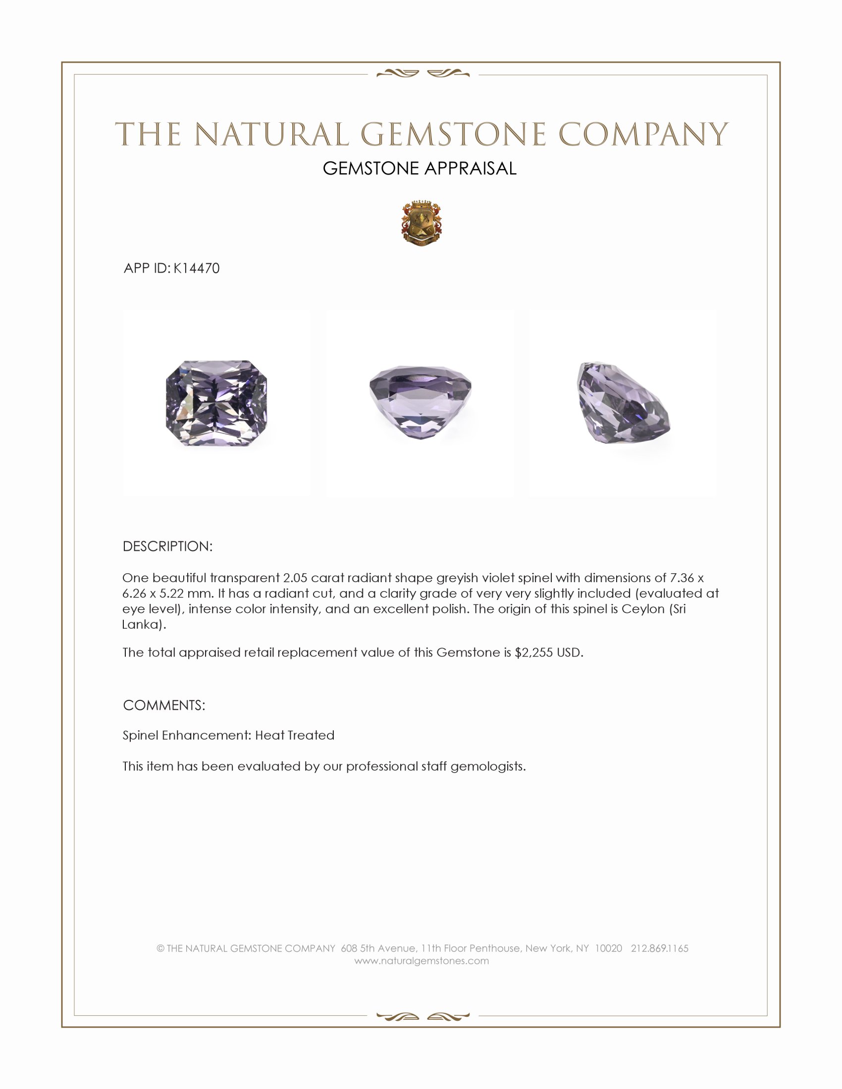 2.05 Ct. Greyish Violet Spinel from Ceylon (Sri Lanka)