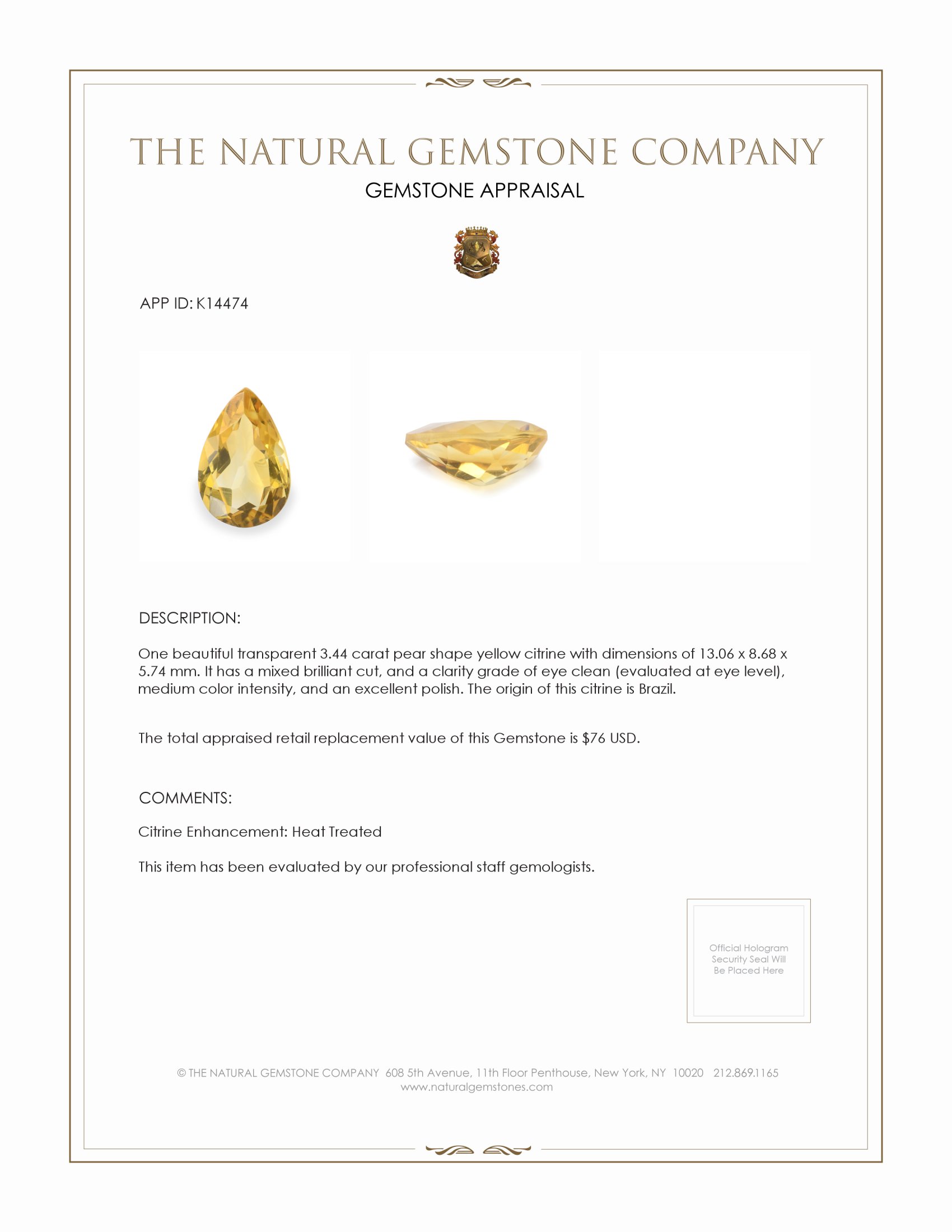 3.44 Ct. Citrine from Brazil