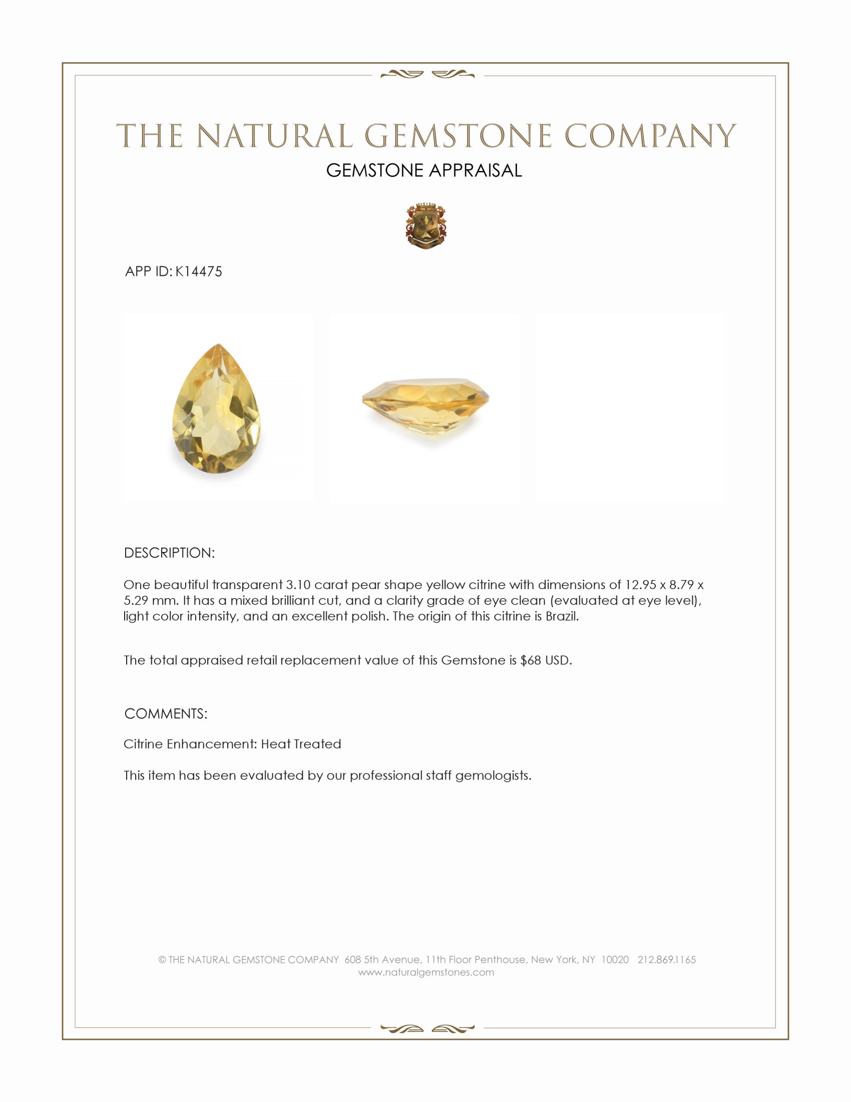 3.10 Ct. Yellow Citrine from Brazil