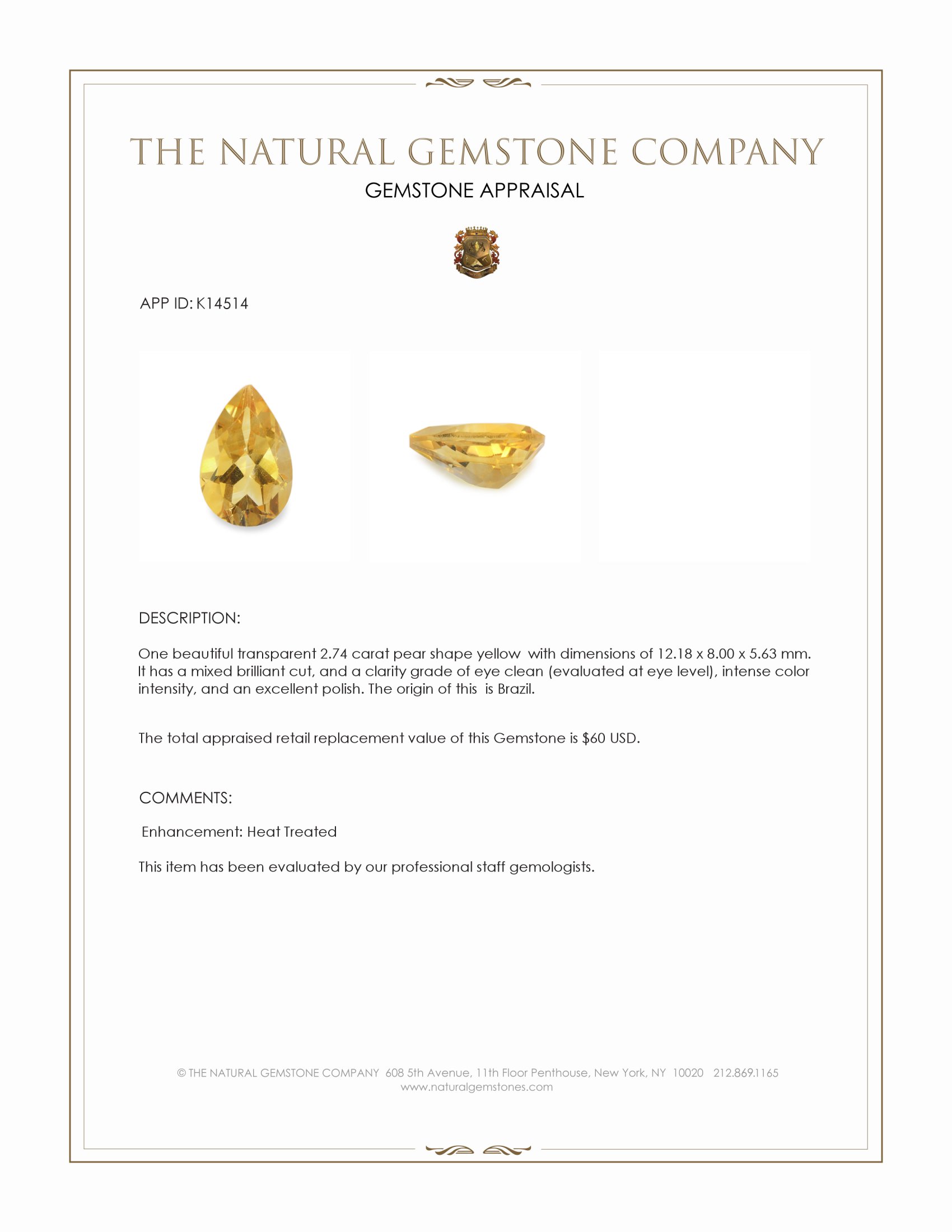 2.74 Ct. Yellow Citrine from Brazil