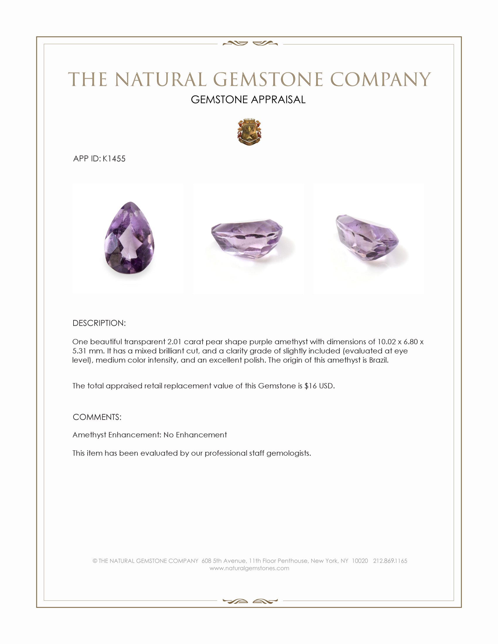 2.01 Ct. Amethyst from Brazil