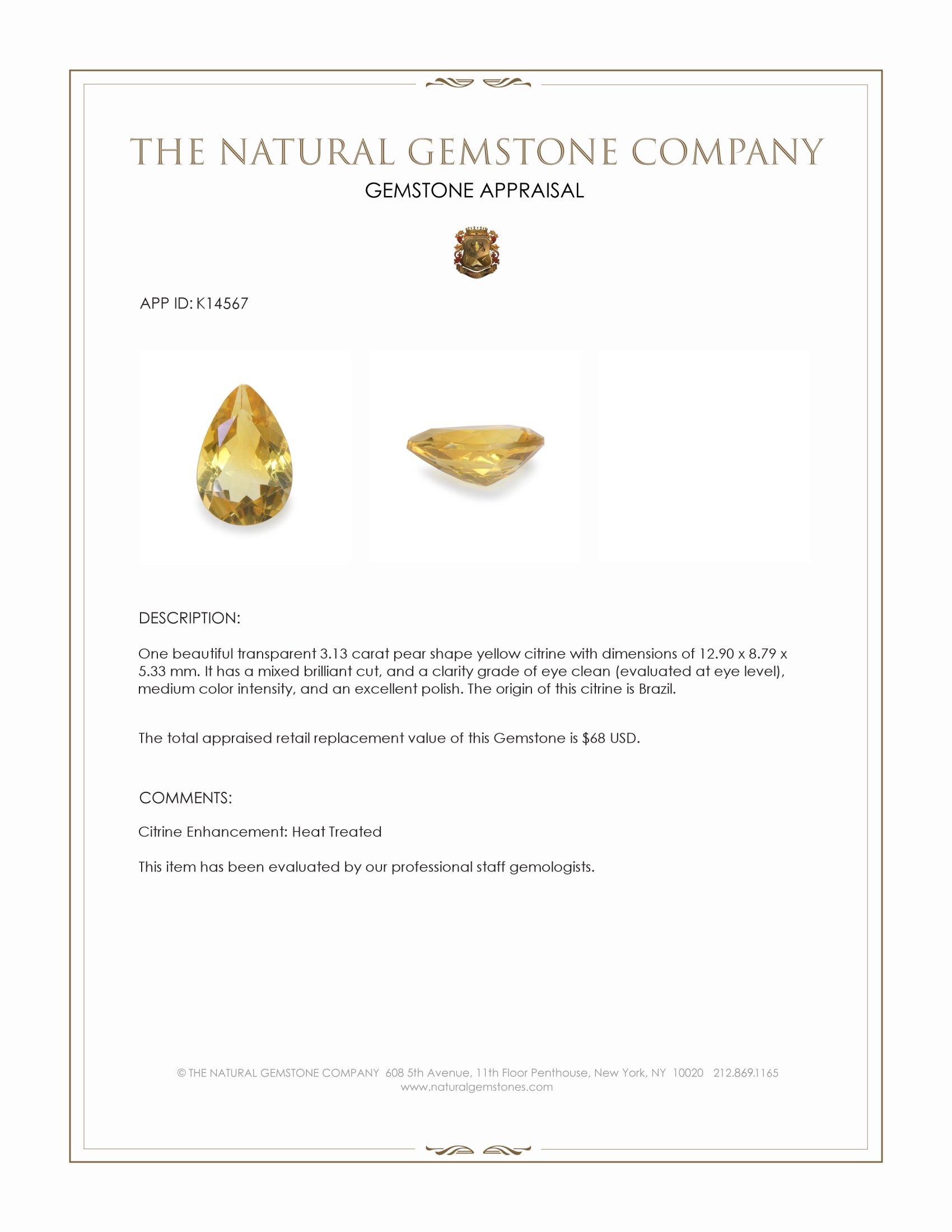 3.13 Ct. Yellow Citrine from Brazil