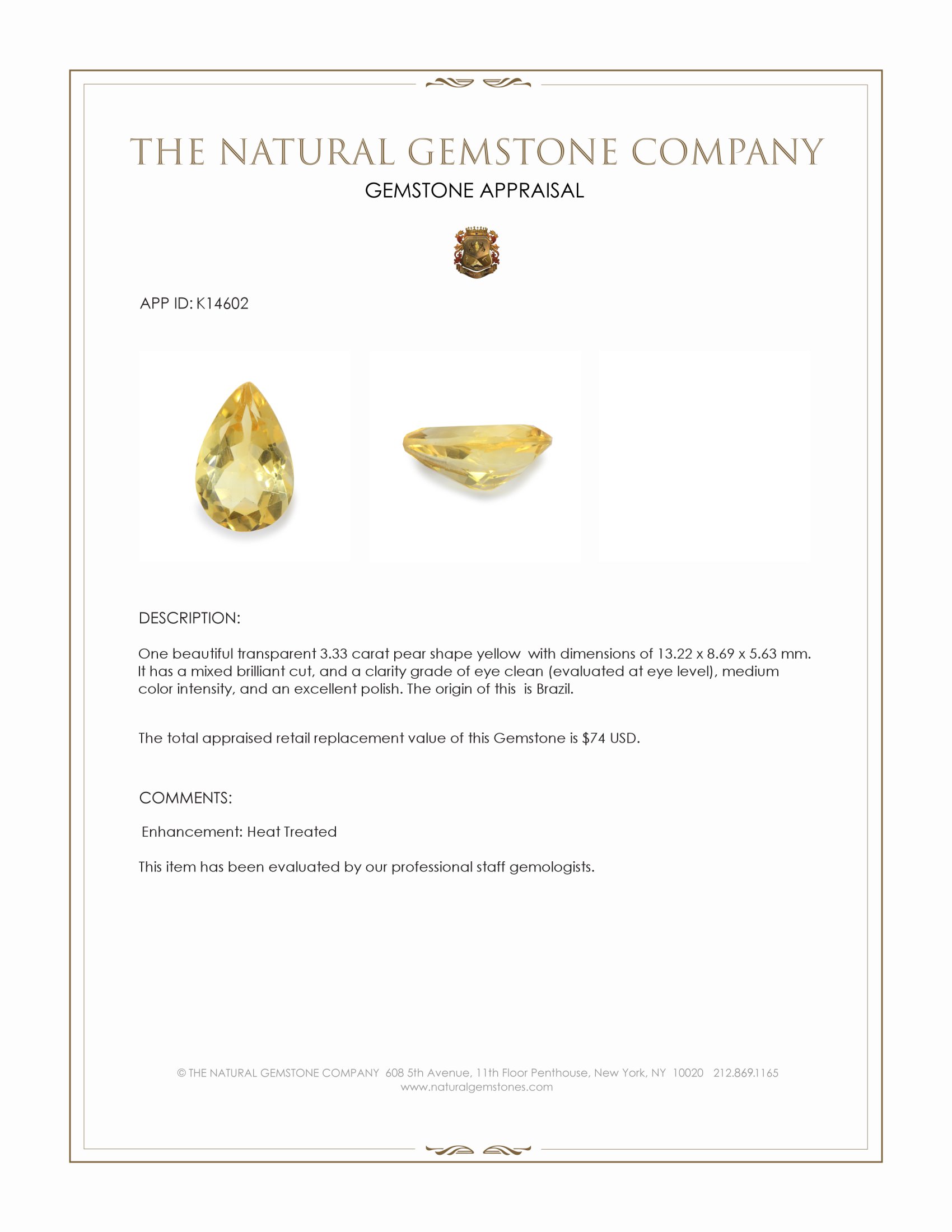 3.33 Ct. Yellow Citrine from Brazil