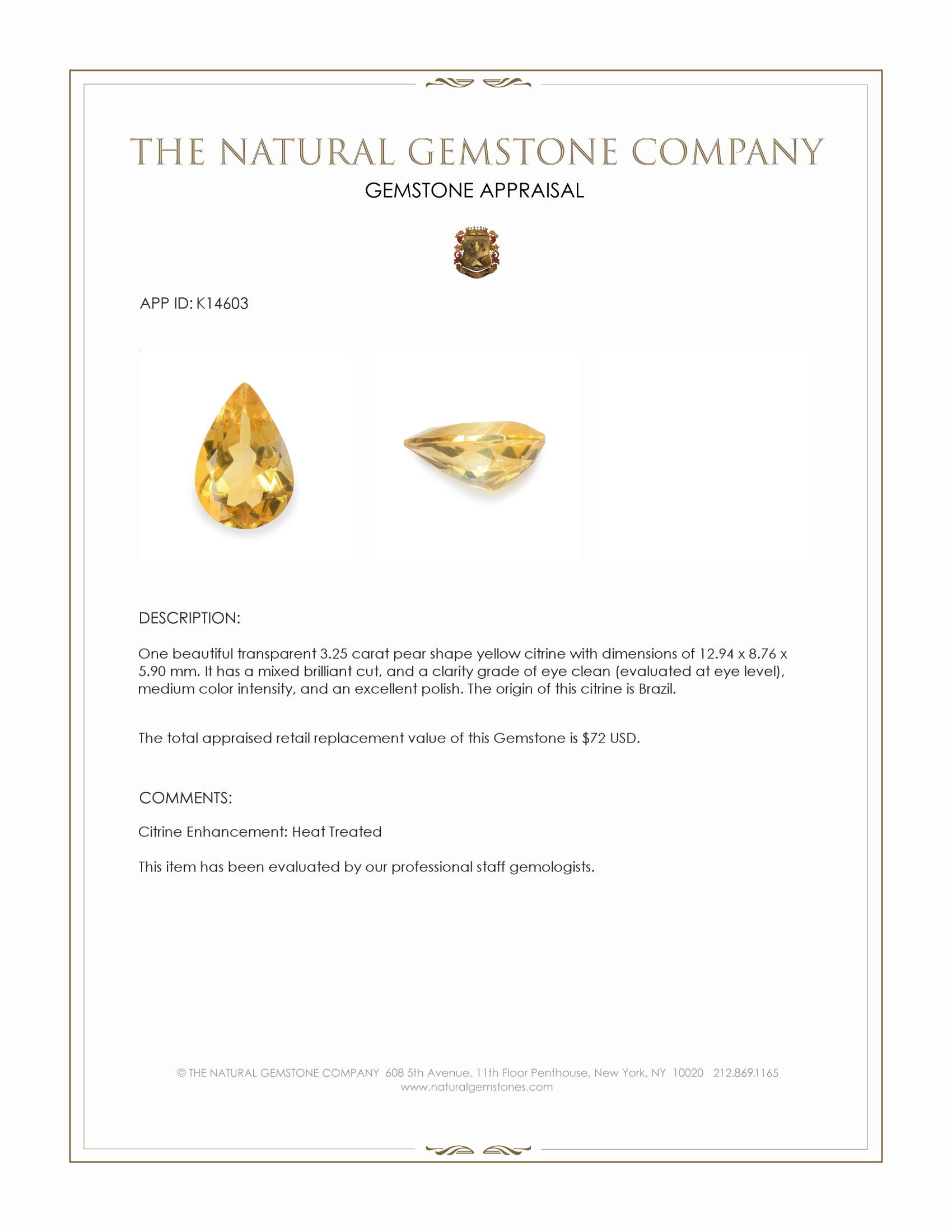 3.25 Ct. Citrine from Brazil