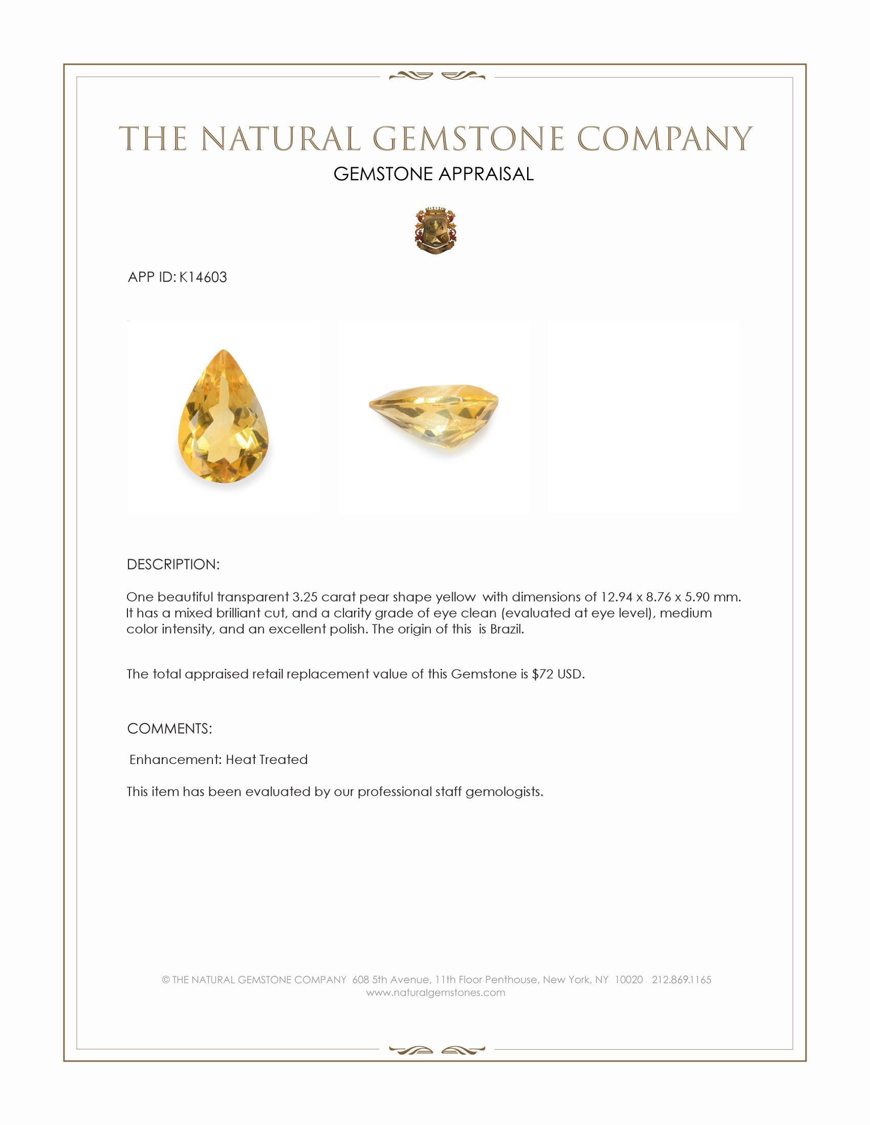 3.25 Ct. Yellow Citrine from Brazil