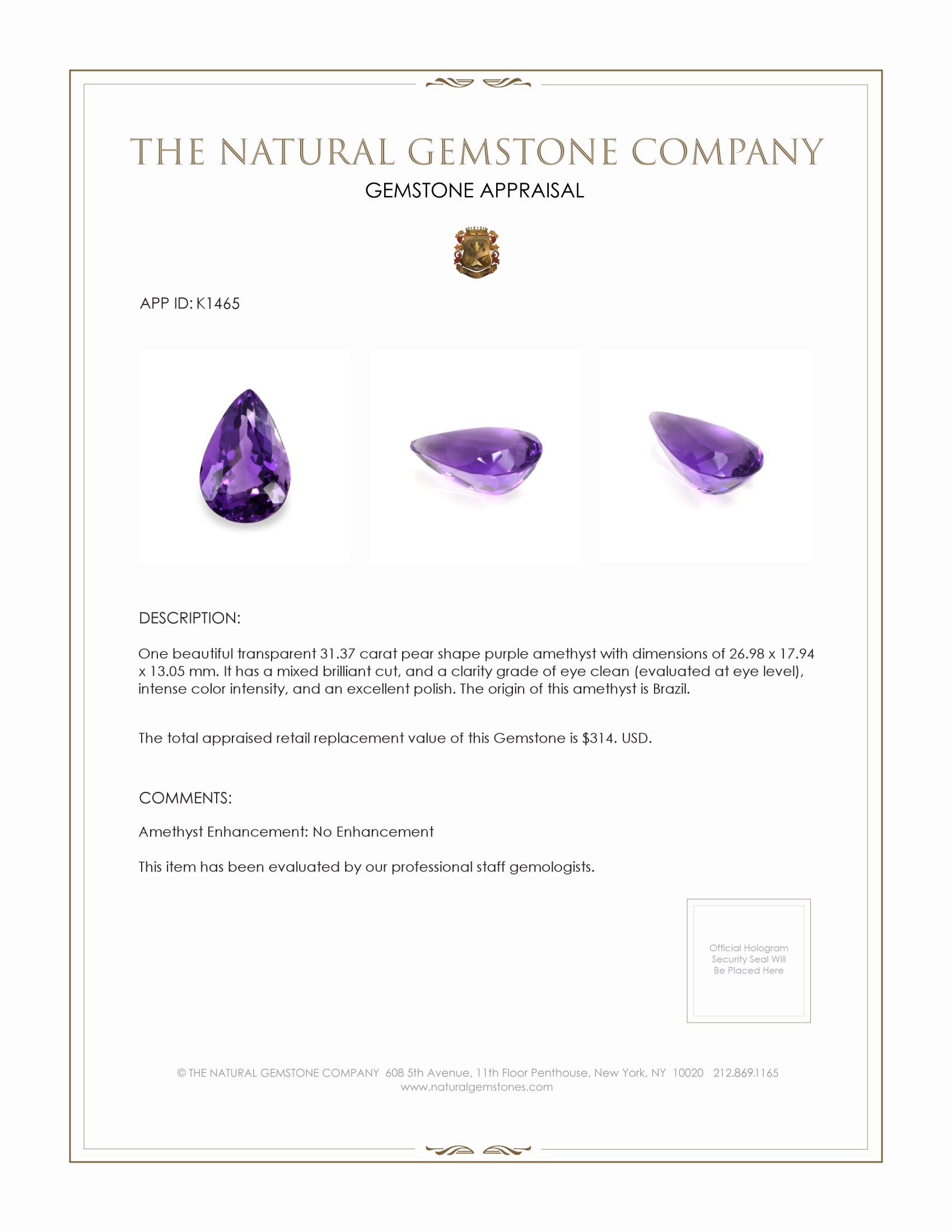 31.37 Ct. Amethyst from Brazil