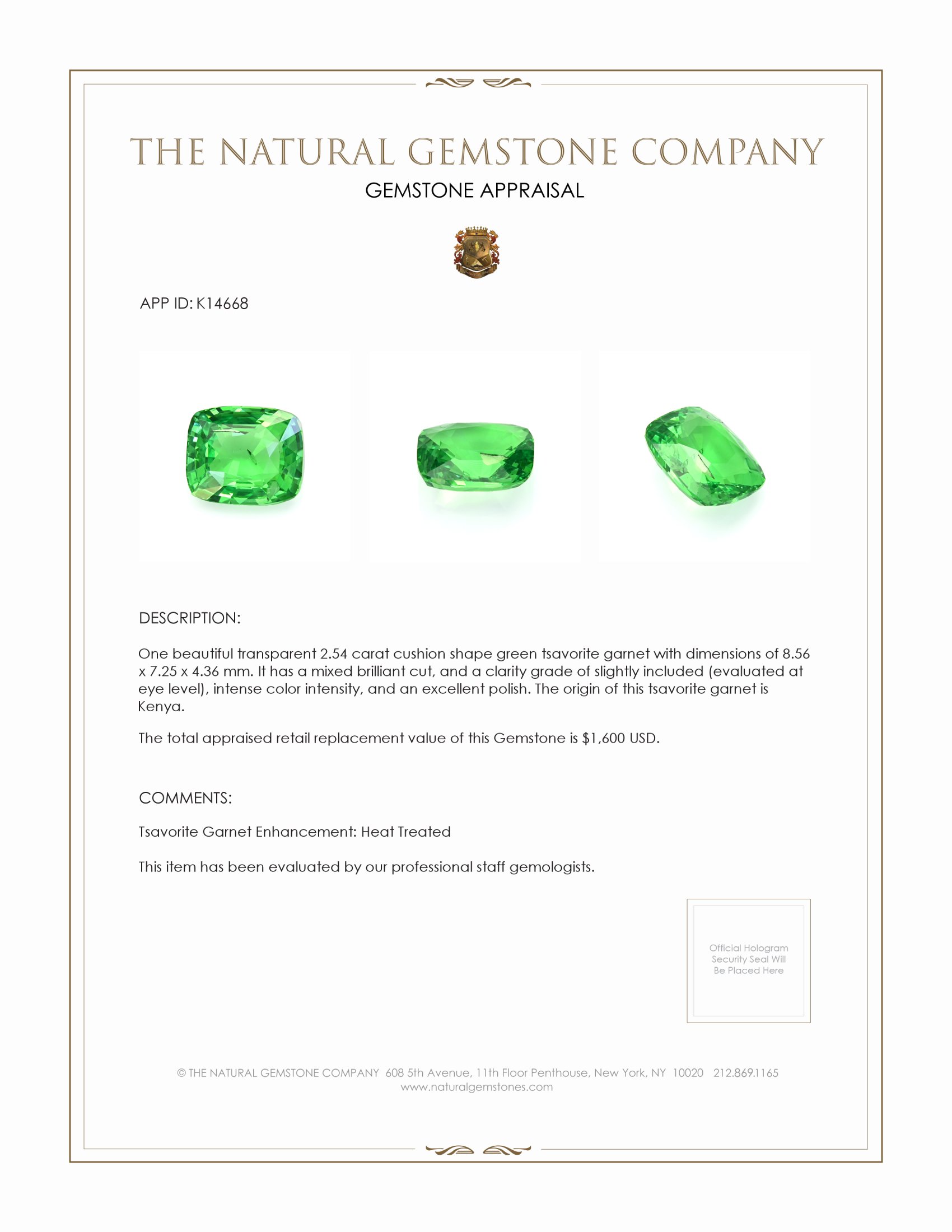 2.54 Ct. Tsavorite Garnet from Kenya