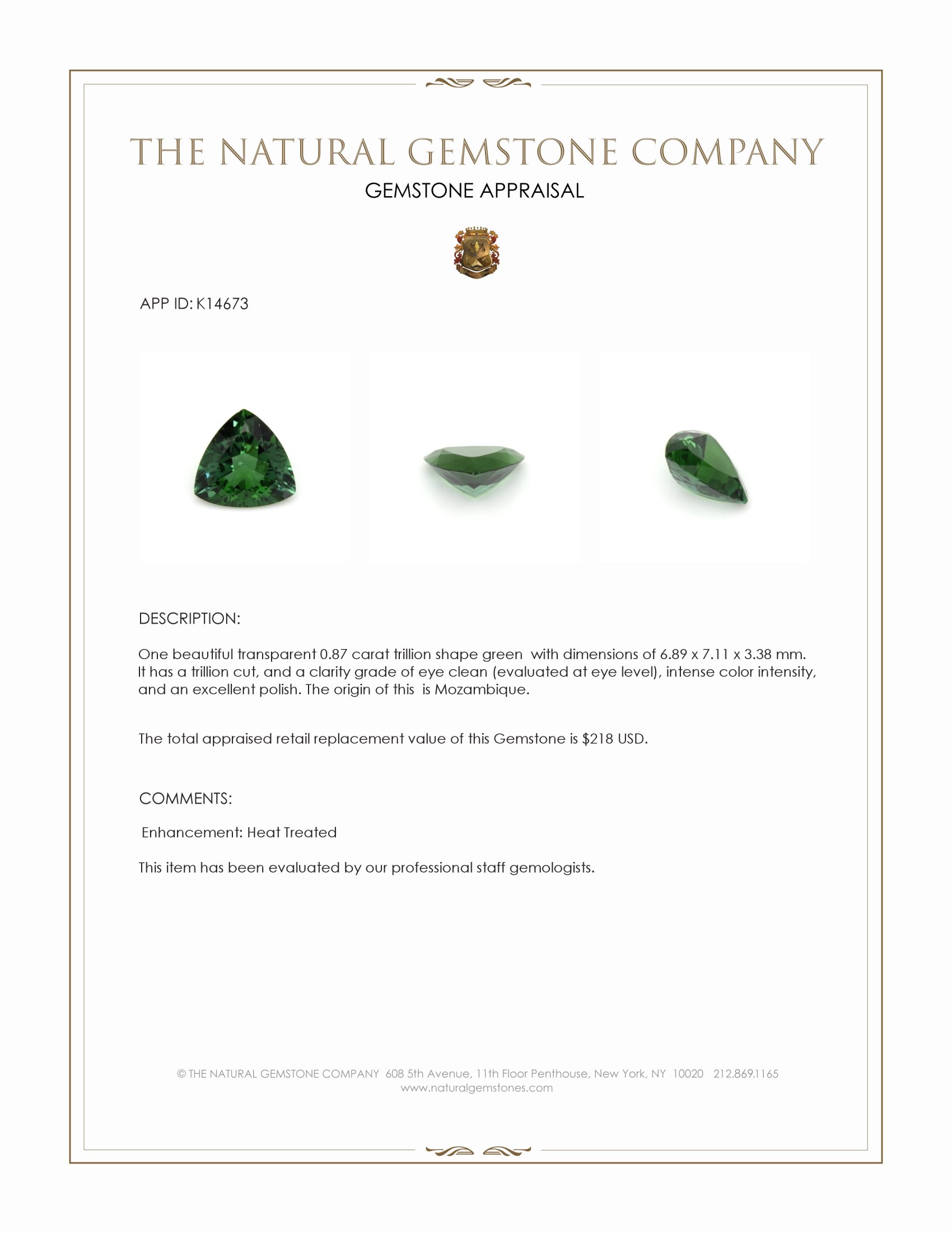 0.87 Ct. Green Tourmaline from Mozambique