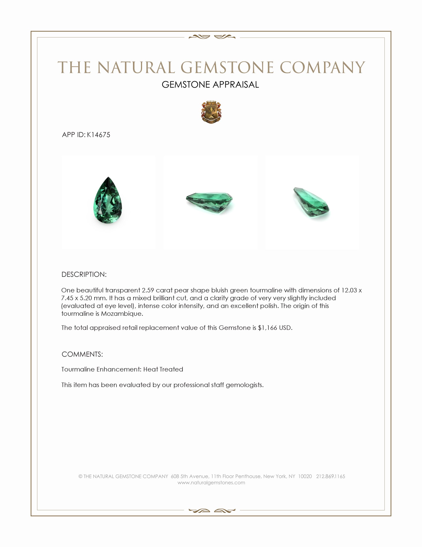 2.59 Ct. Bluish Green Tourmaline from Mozambique