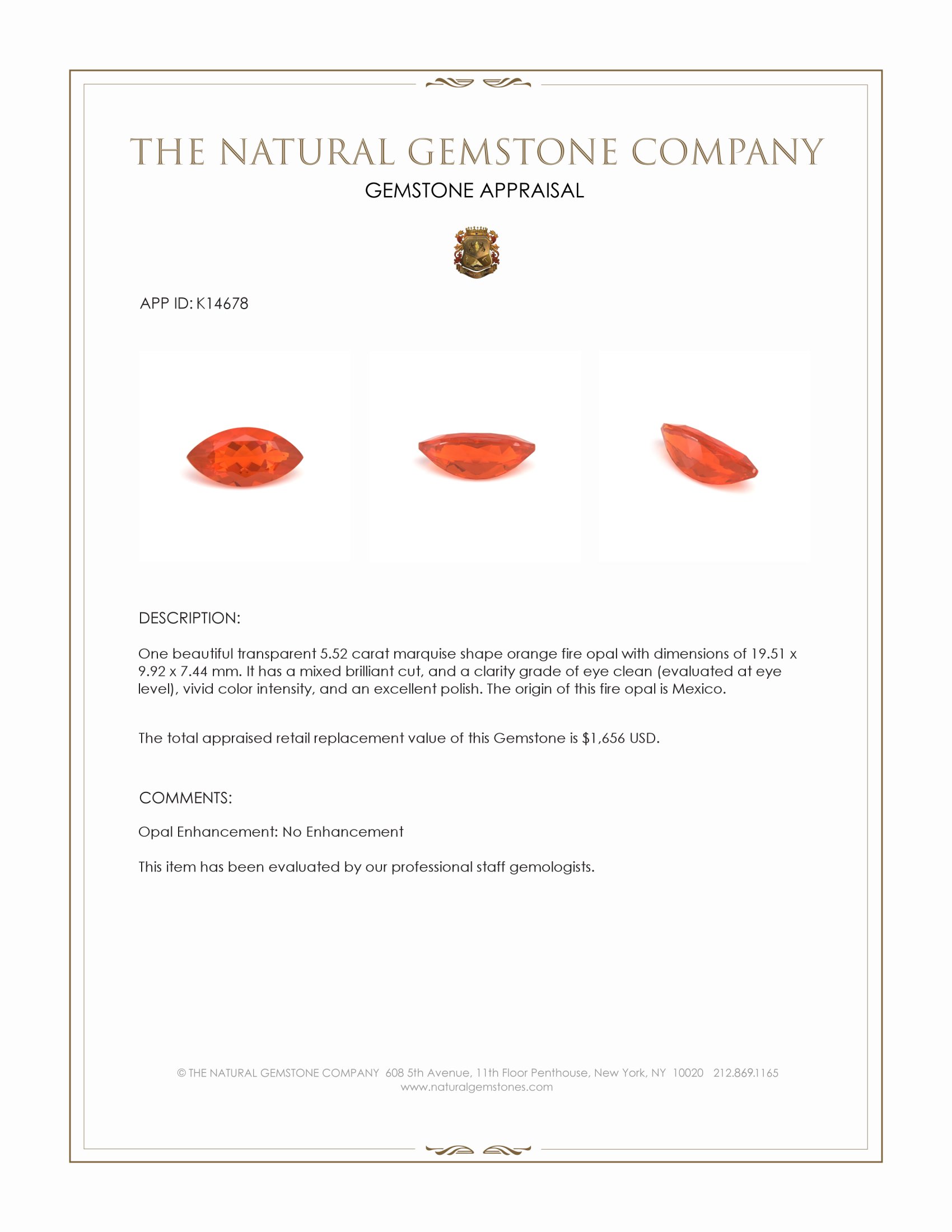 5.52 Ct. Fire Opal from Mexico