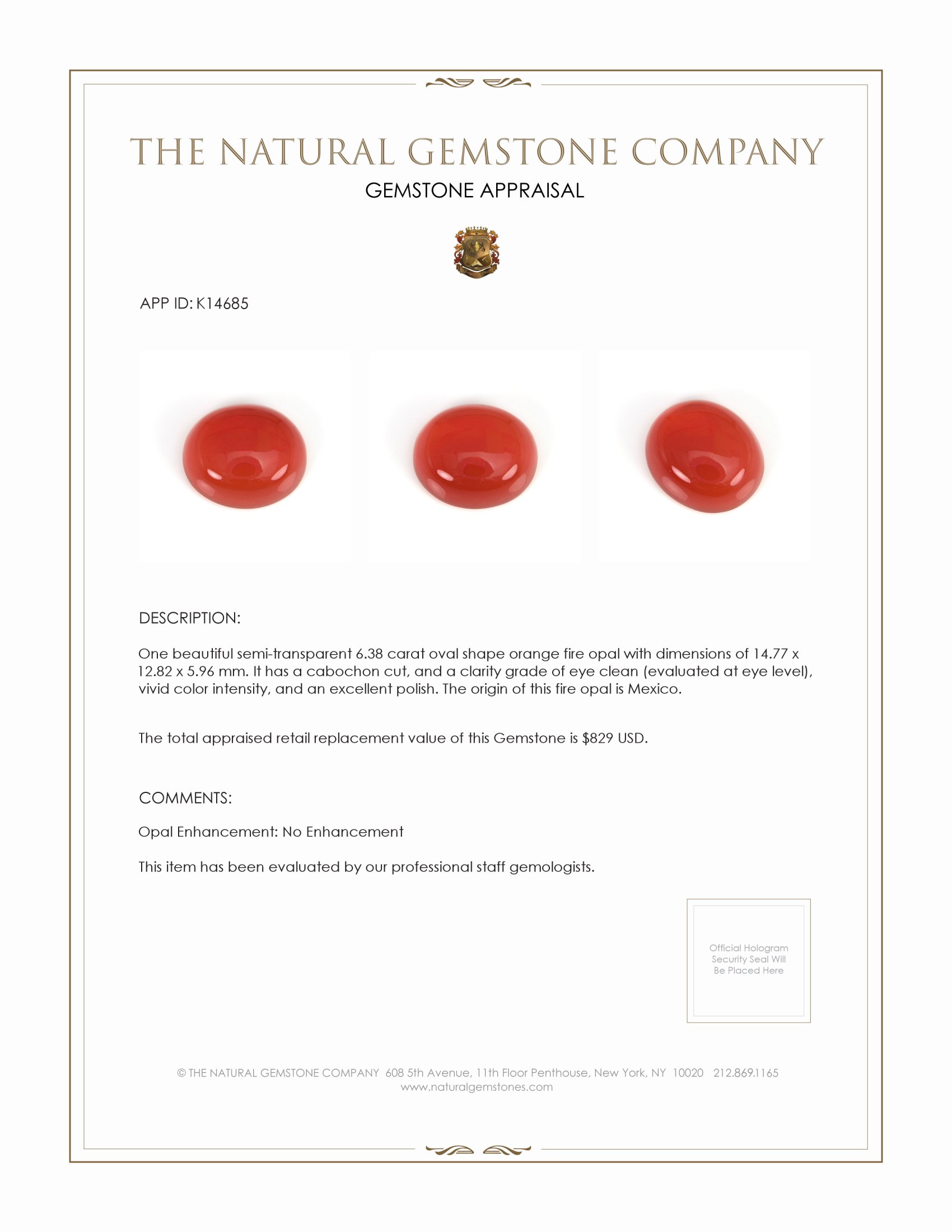 6.38 Ct. Cabochon Fire Opal from Mexico