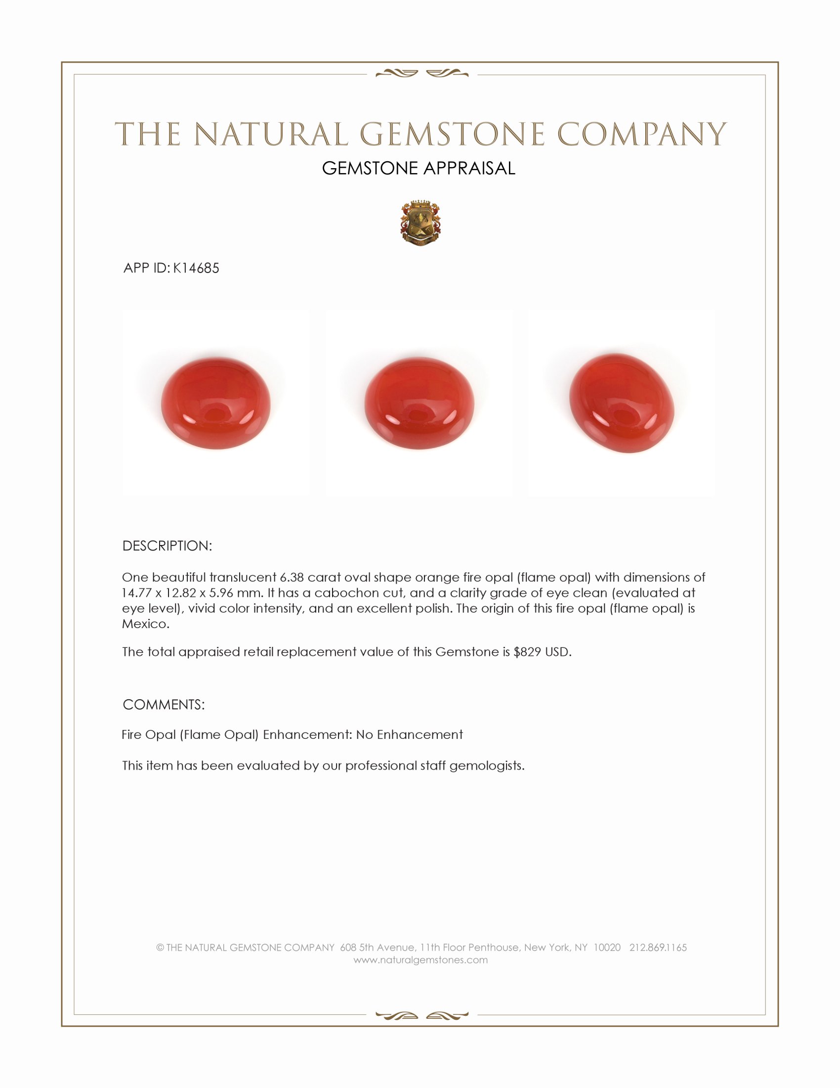 6.38 Ct. Orange Cabochon Fire Opal (Flame Opal) from Mexico