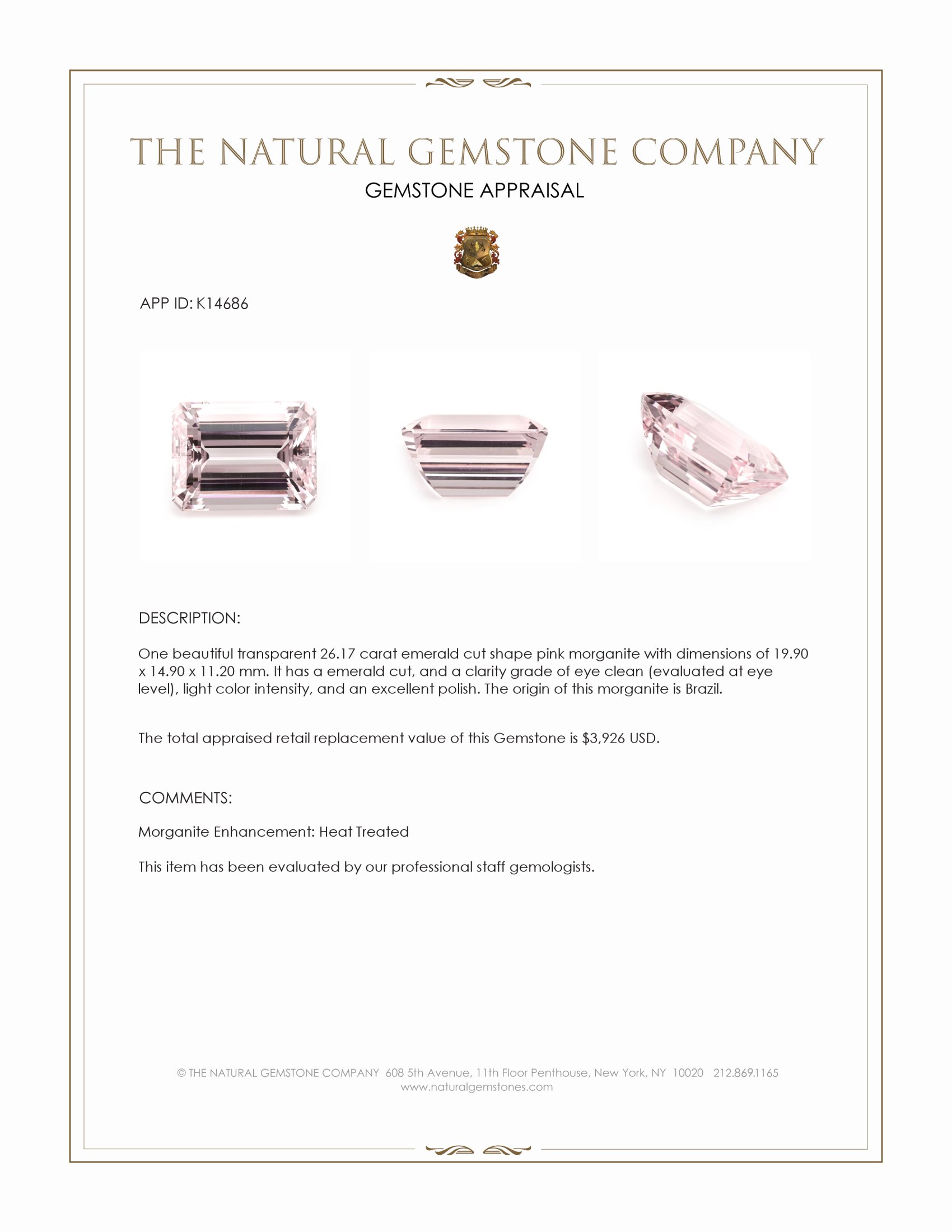 26.17 Ct. Pink Morganite from Brazil