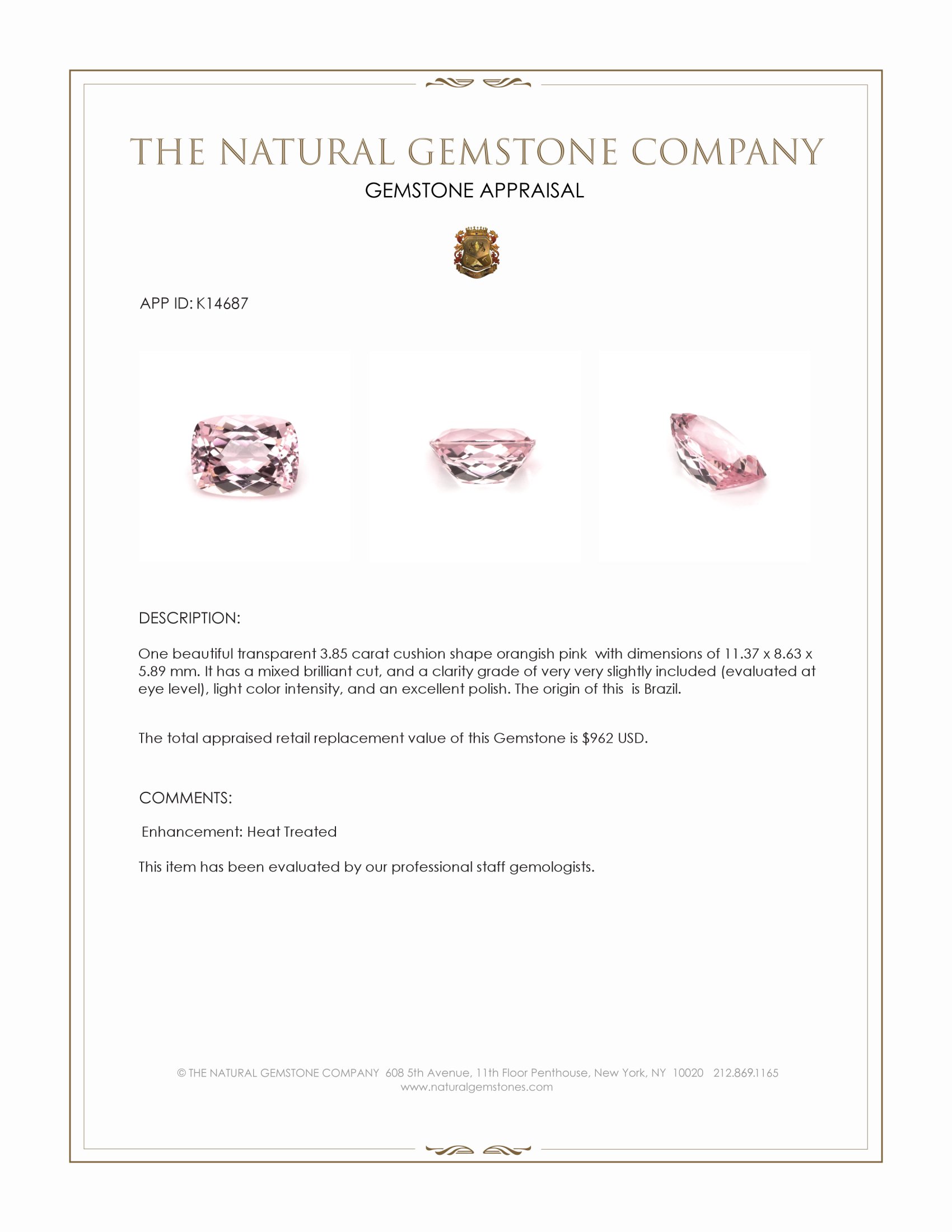 3.85 Ct. Orangish Pink Morganite from Brazil