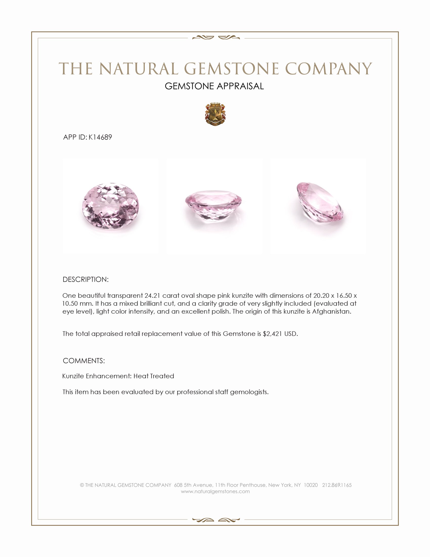 24.21 Ct. Pink Kunzite from Afghanistan