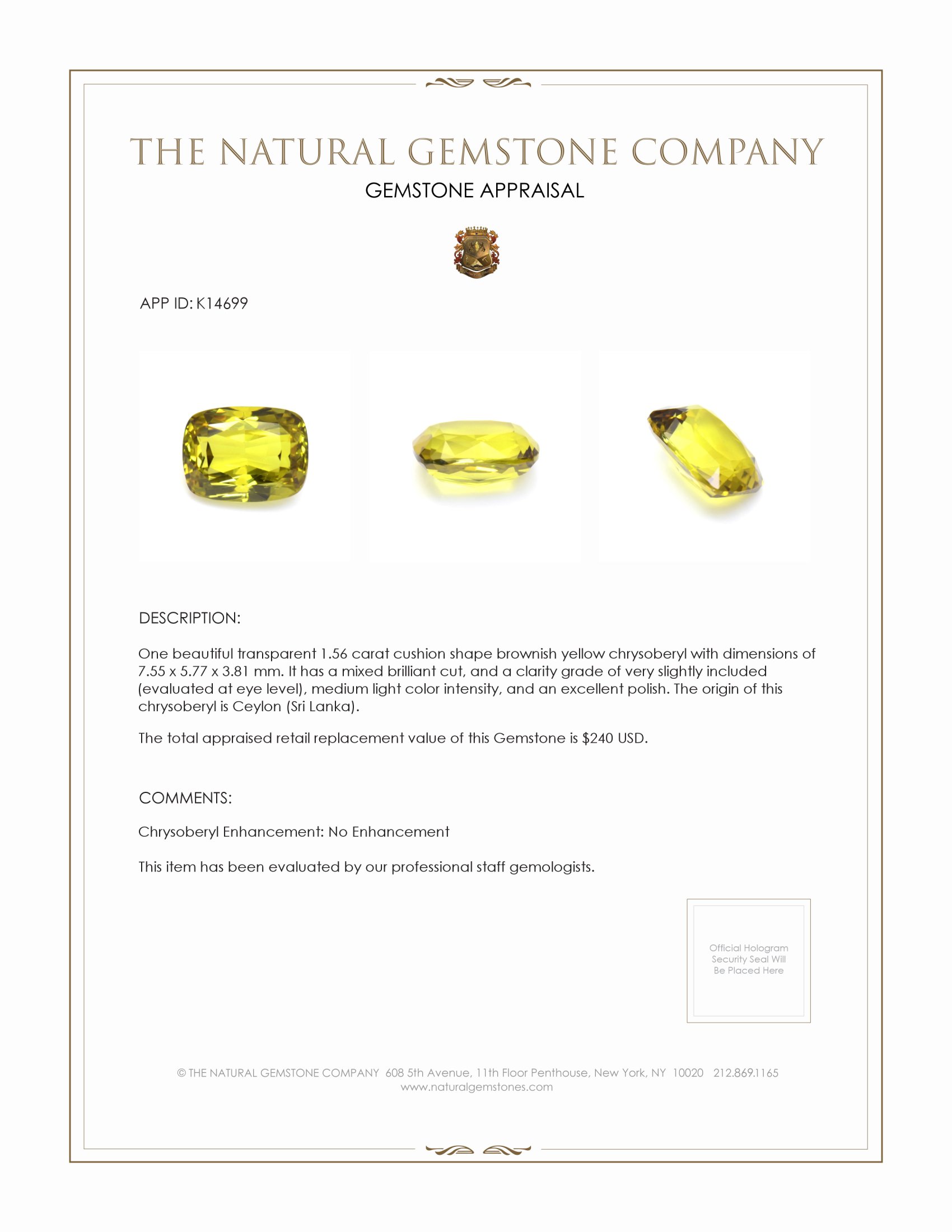 1.56 Ct. Chrysoberyl from Ceylon (Sri Lanka)