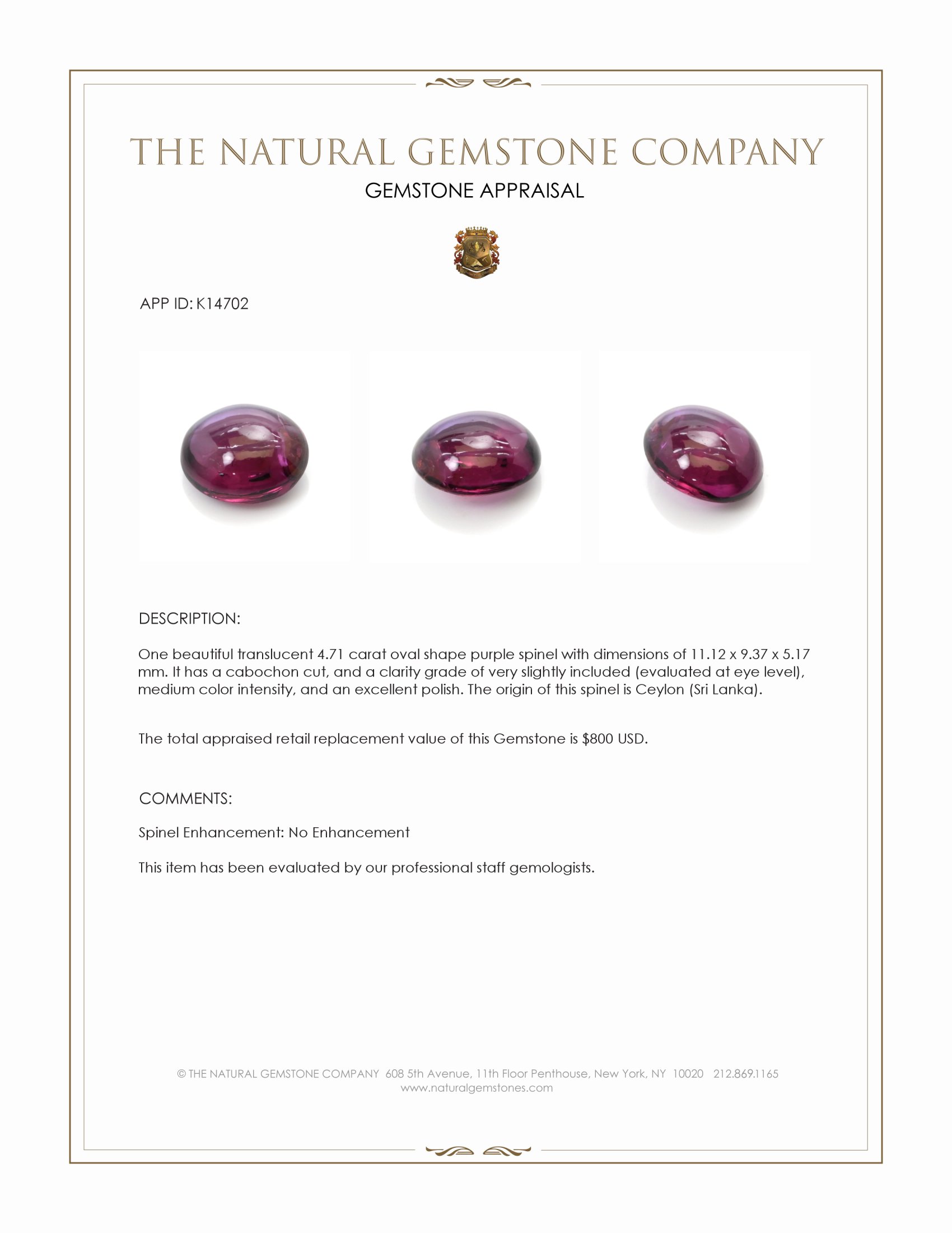 4.71 Ct. Purple Cabochon Spinel from Ceylon (Sri Lanka)