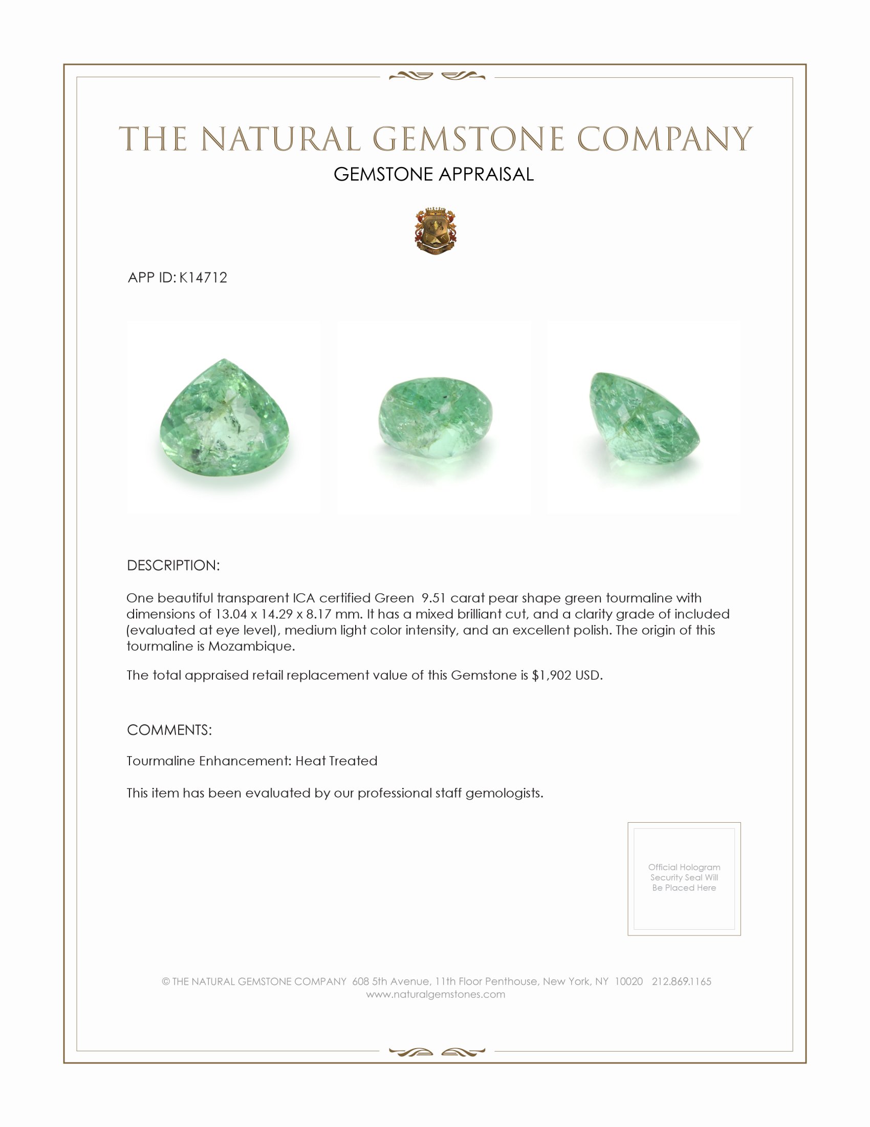 9.51 Ct. Green Tourmaline from Mozambique