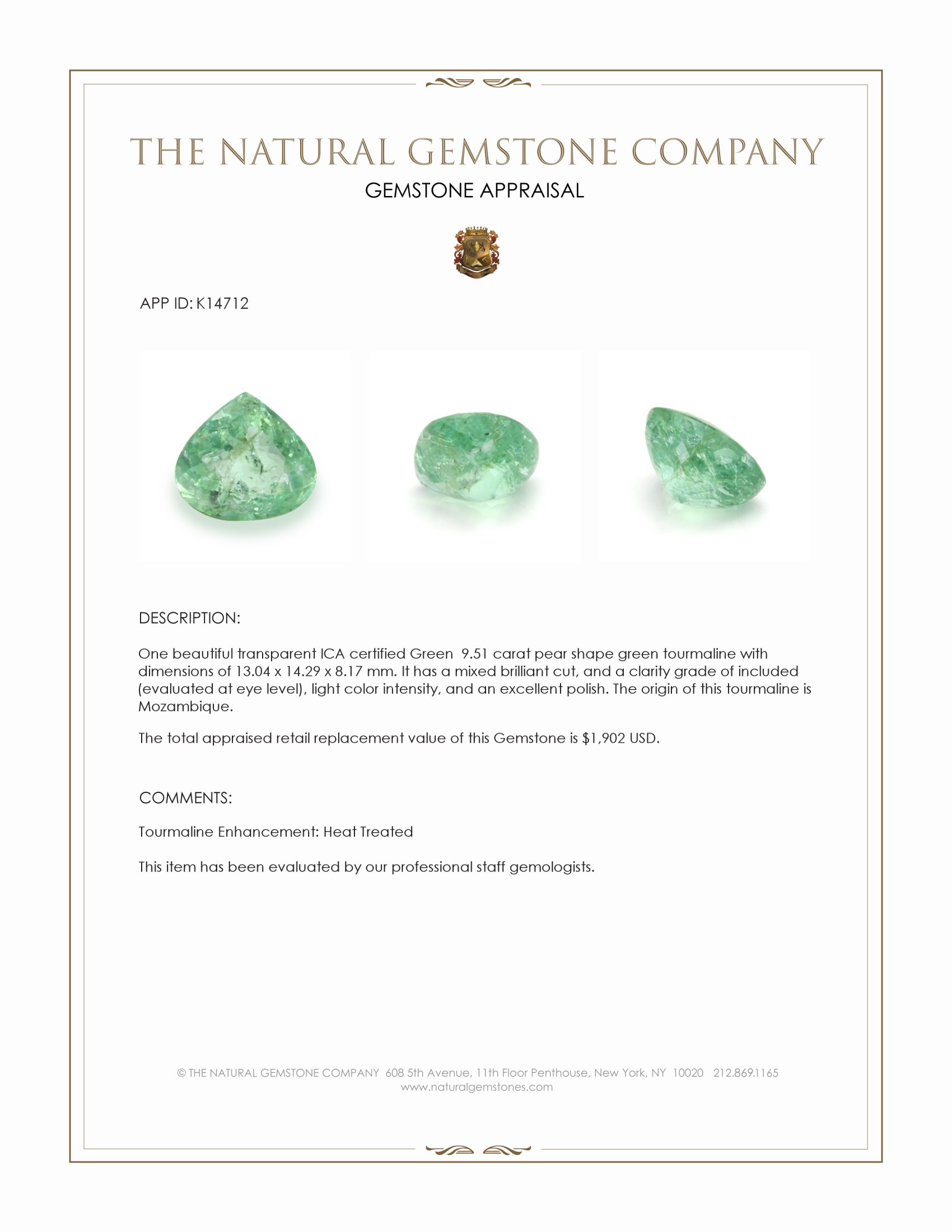 9.51 Ct. Green Tourmaline from Mozambique