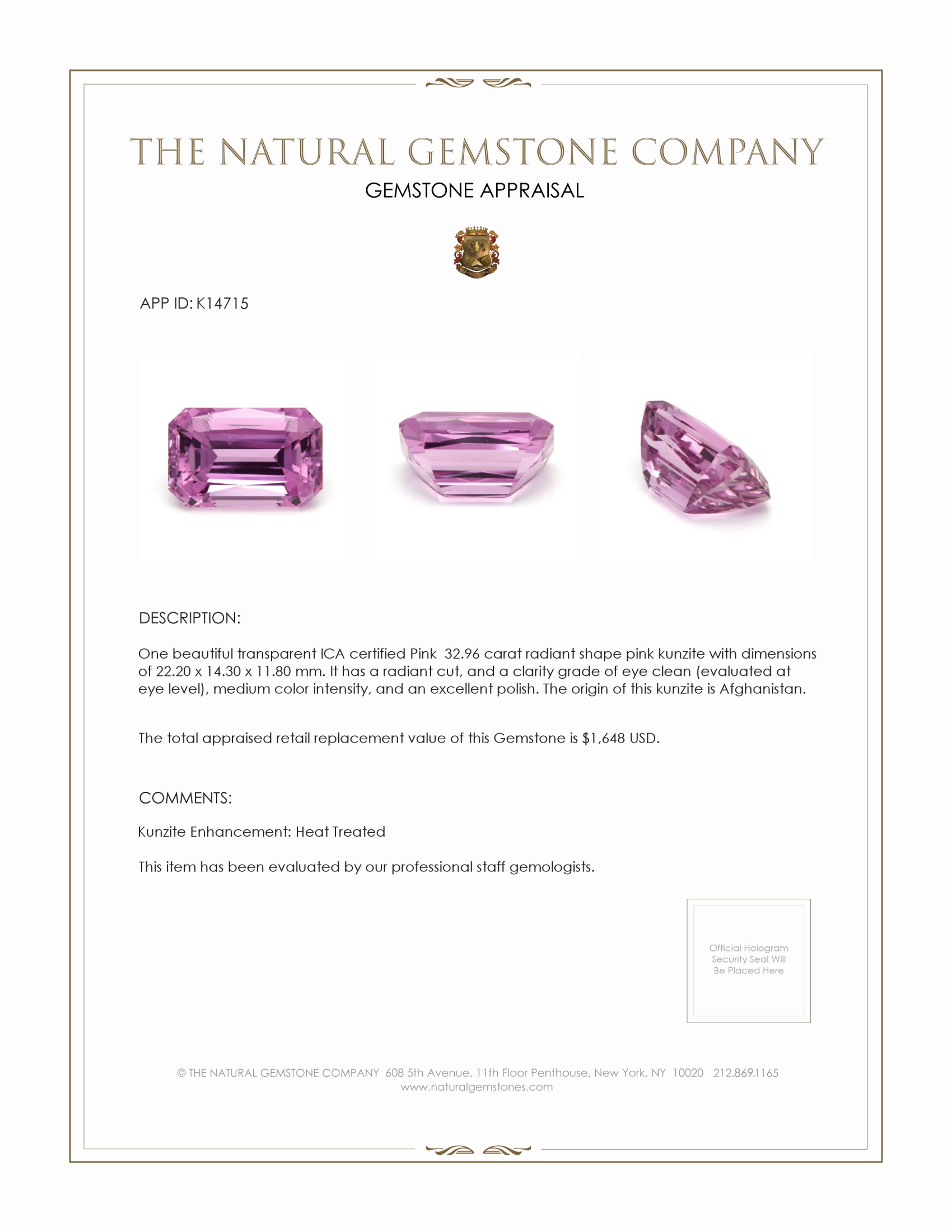 32.96 Ct. Kunzite from Afghanistan