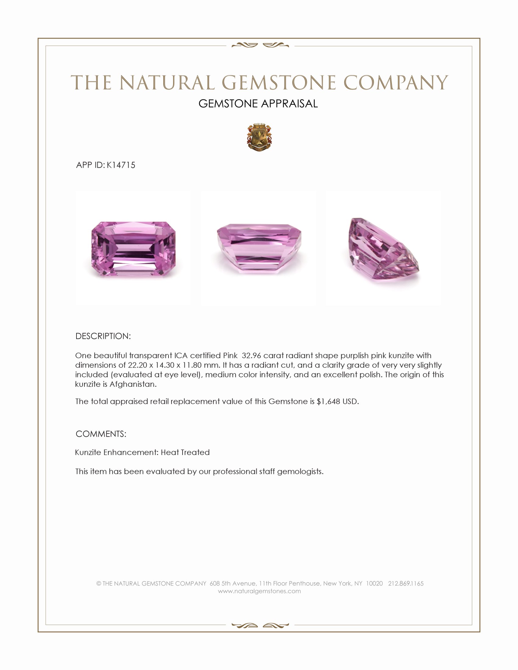 32.96 Ct. Purplish Pink Kunzite from Afghanistan