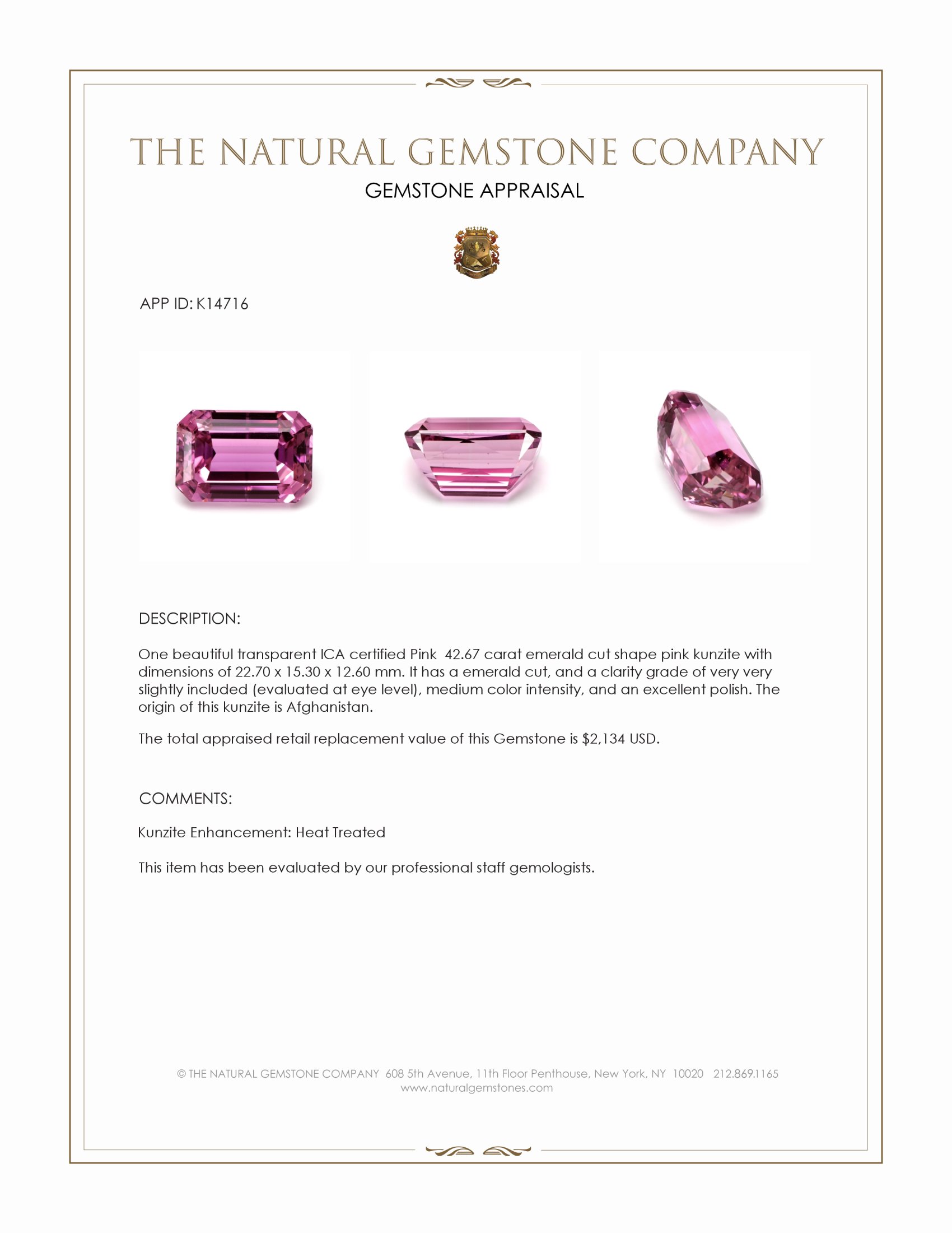 42.67 Ct. Purplish Pink Kunzite from Afghanistan