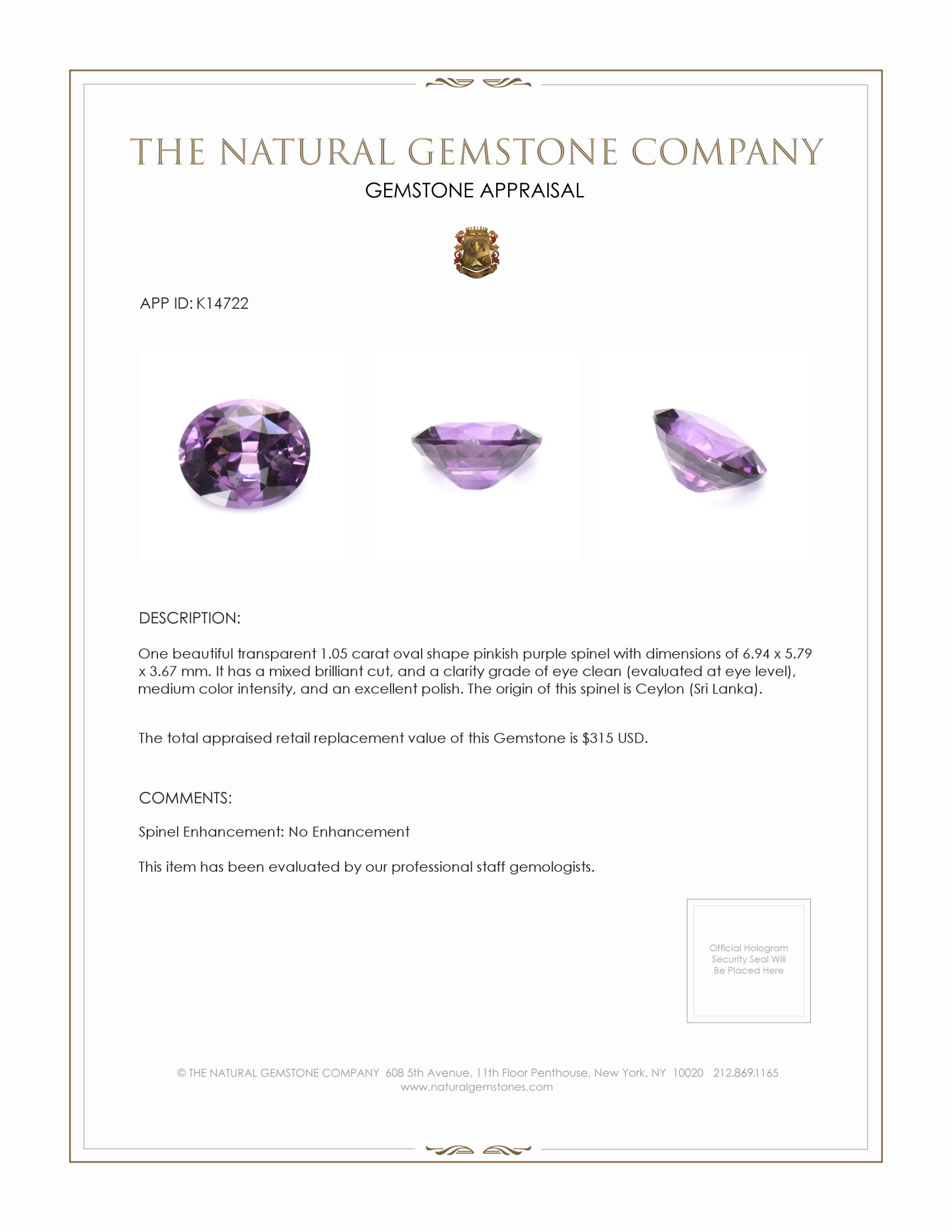 1.05 Ct. Pinkish Purple Spinel from Ceylon (Sri Lanka)