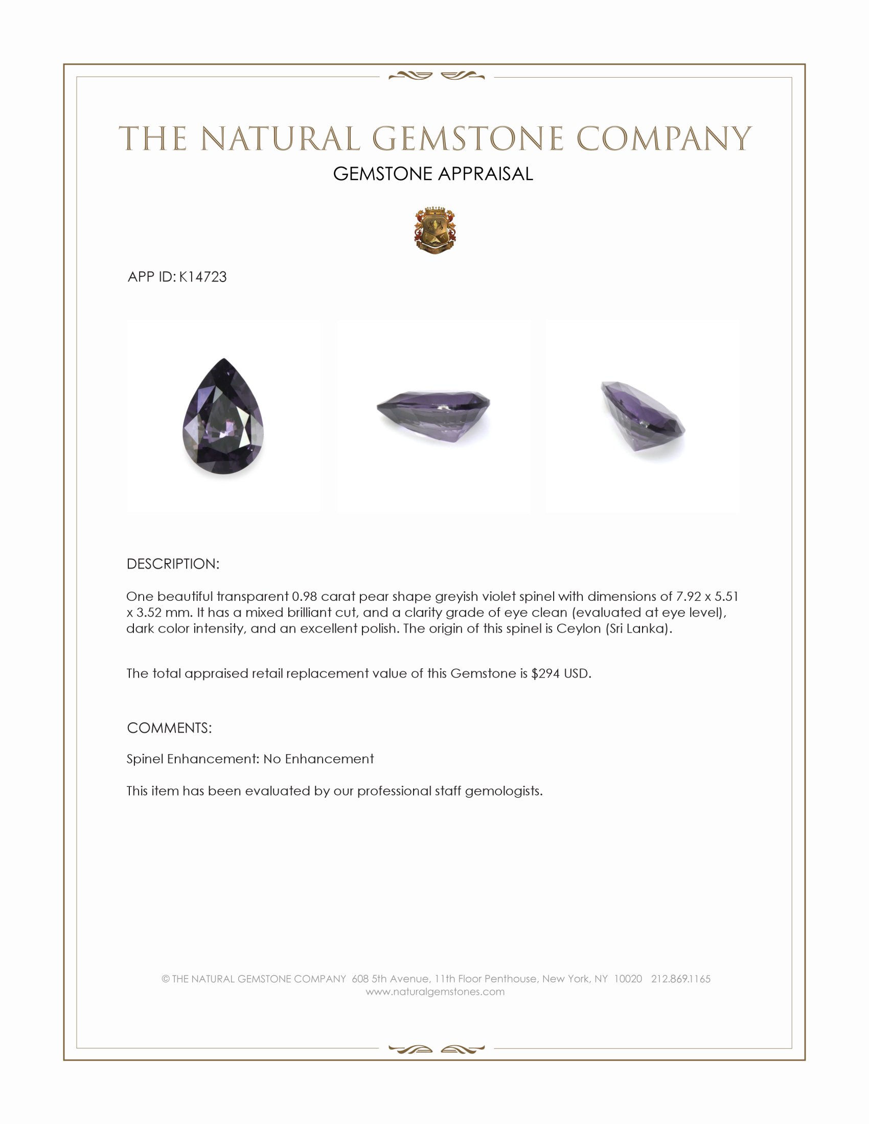 0.98 Ct. Greyish Violet Spinel from Ceylon (Sri Lanka)