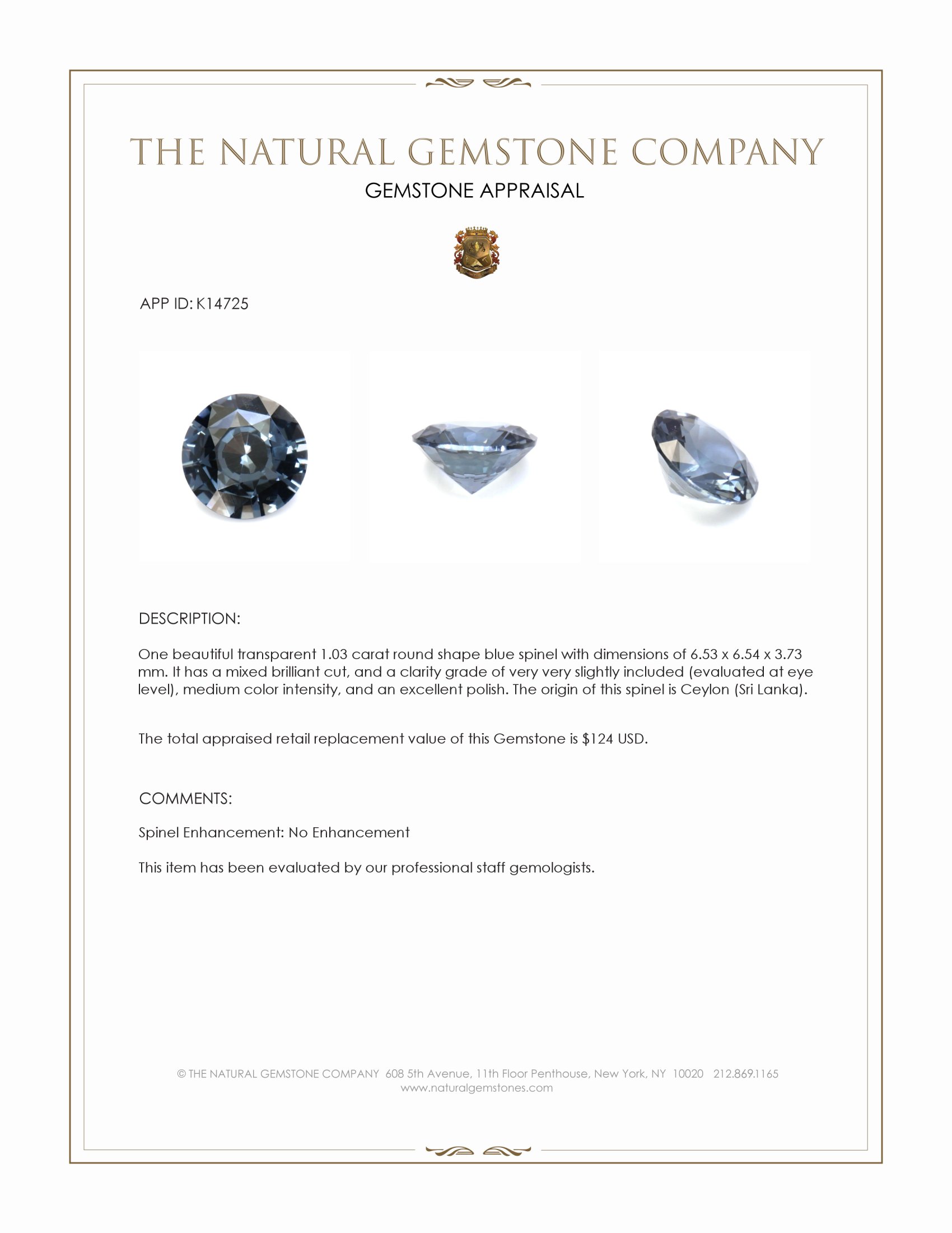 1.03 Ct. Blue Spinel from Ceylon (Sri Lanka)