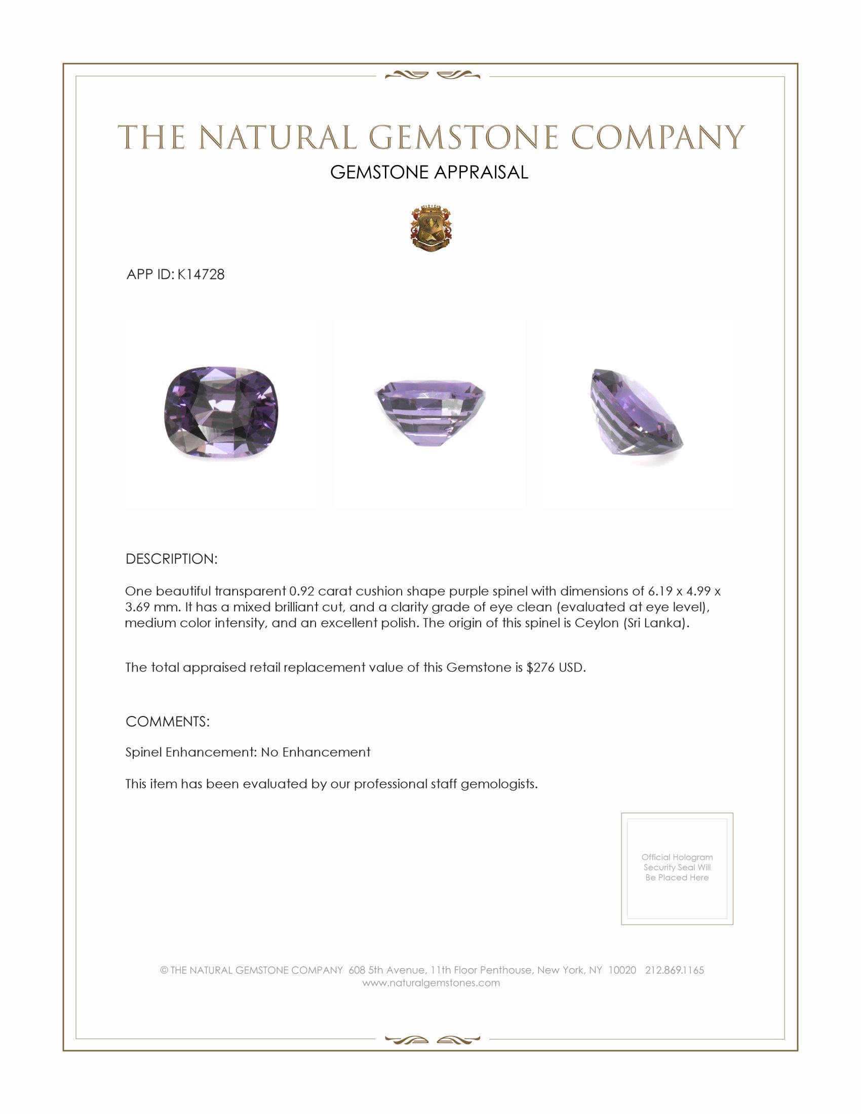 0.92 Ct. Purple Spinel from Ceylon (Sri Lanka)