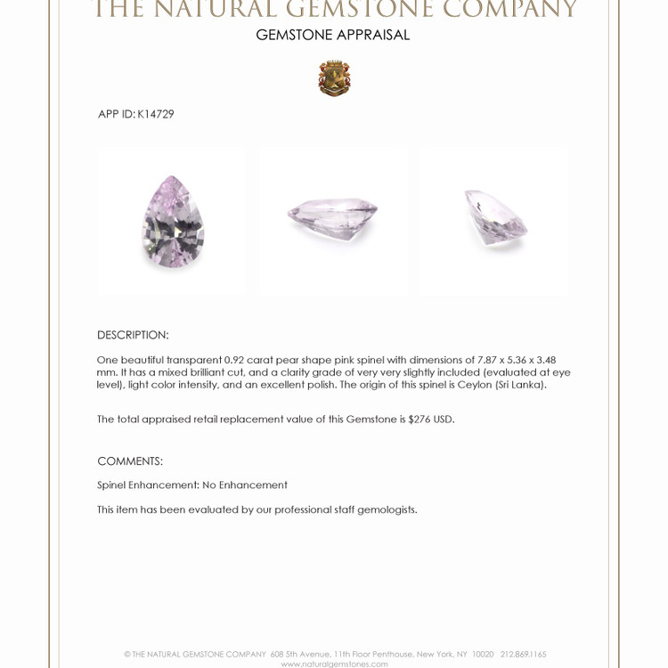 0.92 Ct. Spinel from Ceylon (Sri Lanka)