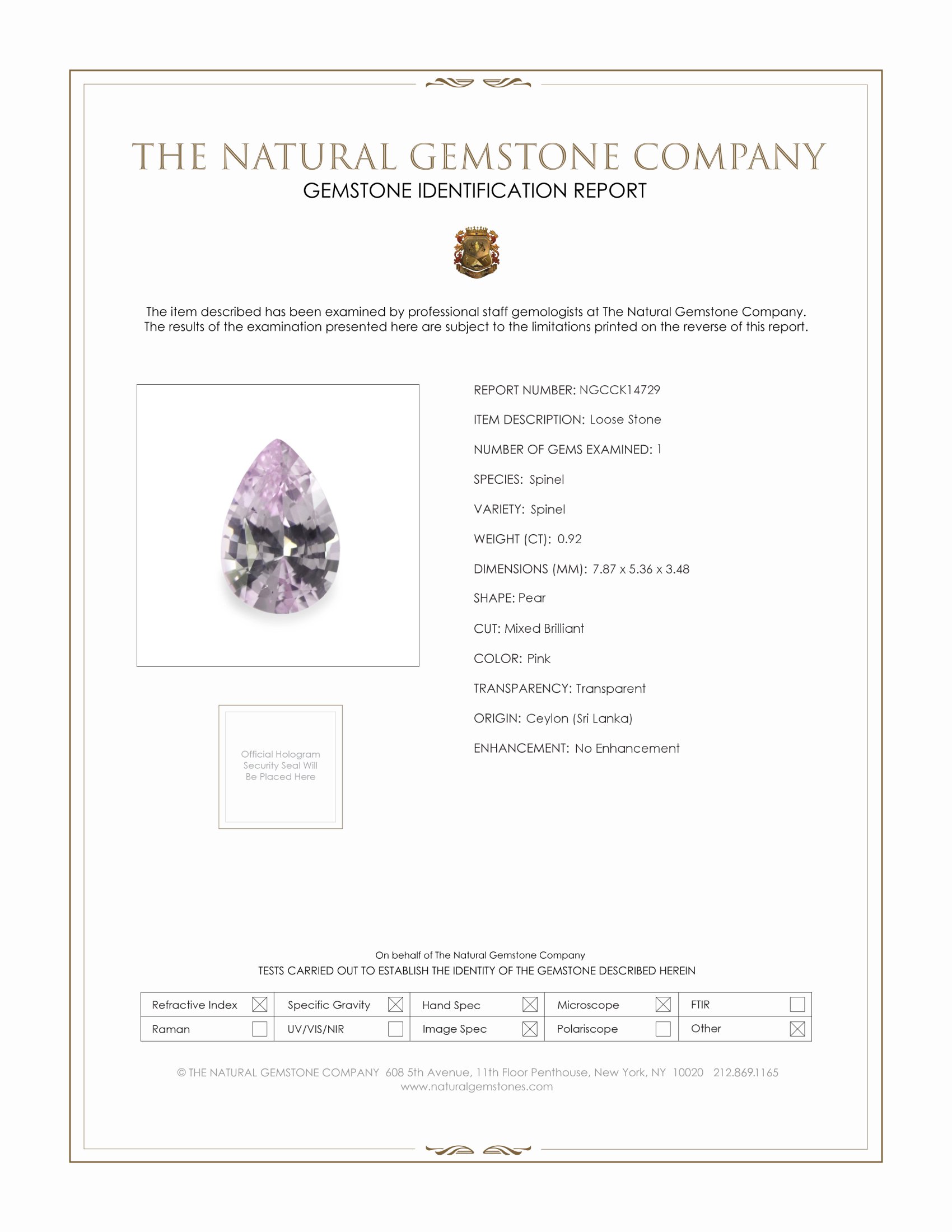 0.92 Ct. Pink Spinel from Ceylon (Sri Lanka)