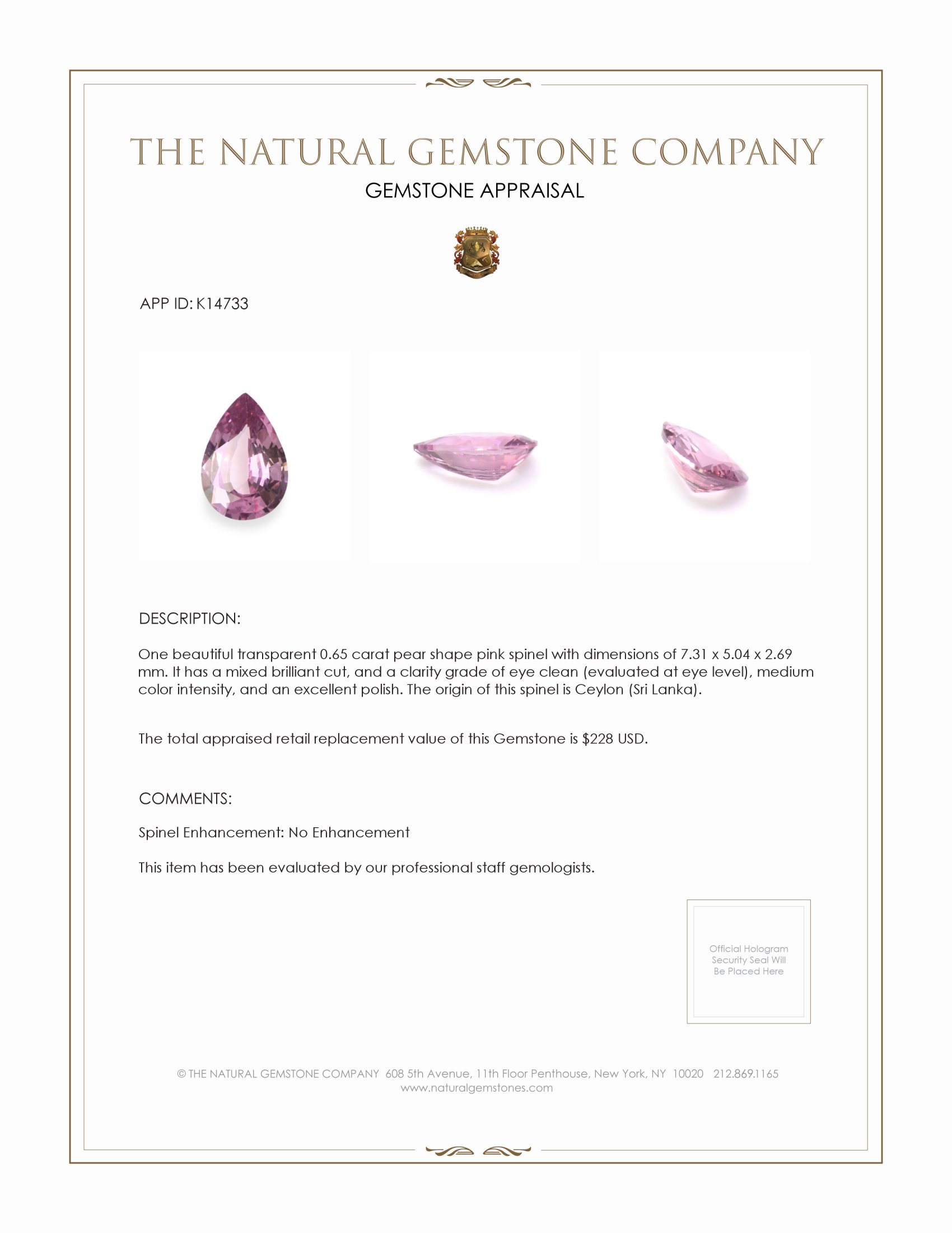 0.65 Ct. Pink Spinel from Ceylon (Sri Lanka)