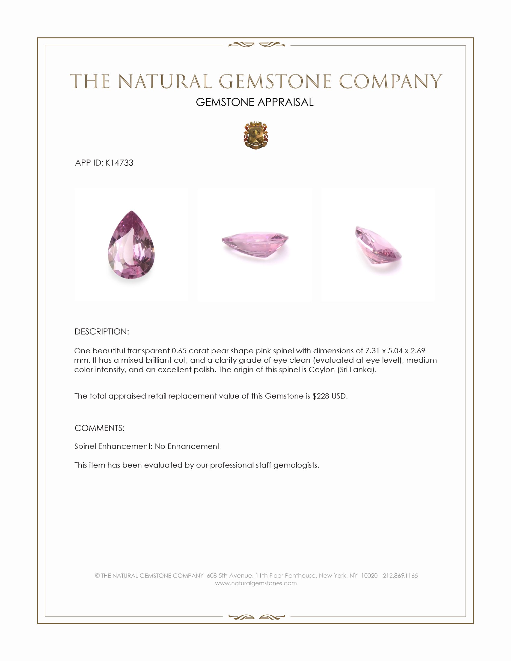 0.65 Ct. Spinel from Ceylon (Sri Lanka)