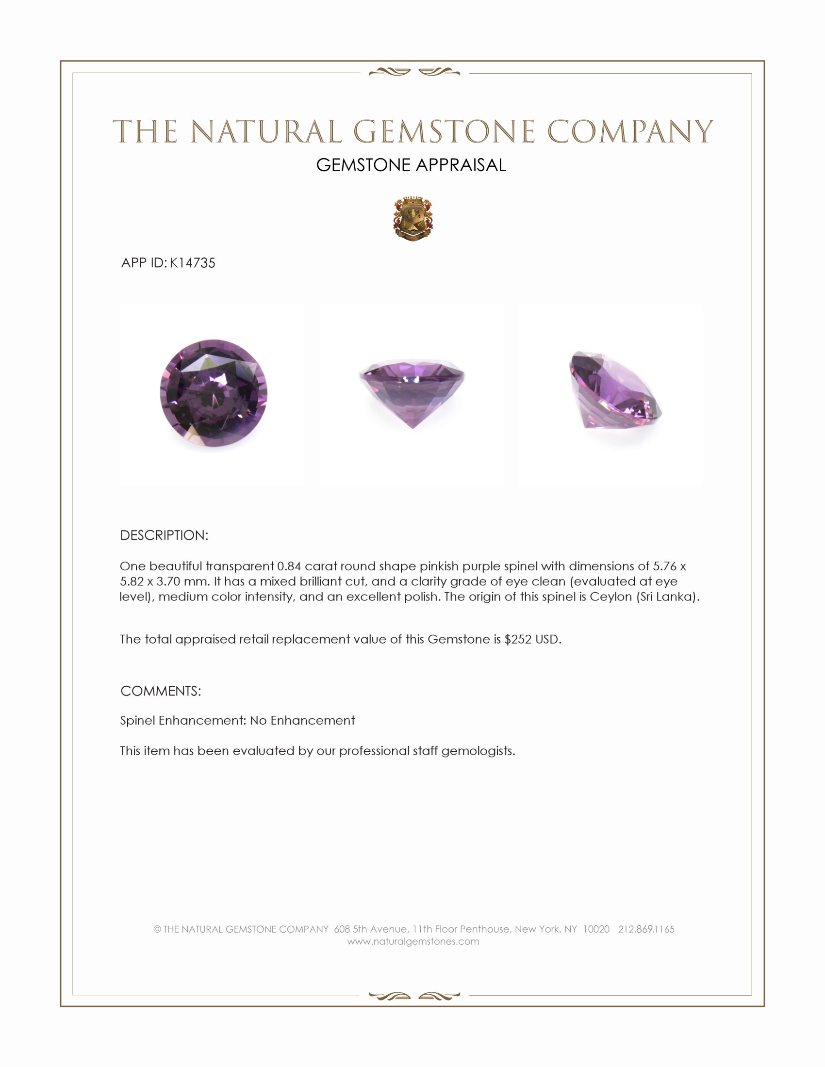 0.84 Ct. Pinkish Purple Spinel from Ceylon (Sri Lanka)
