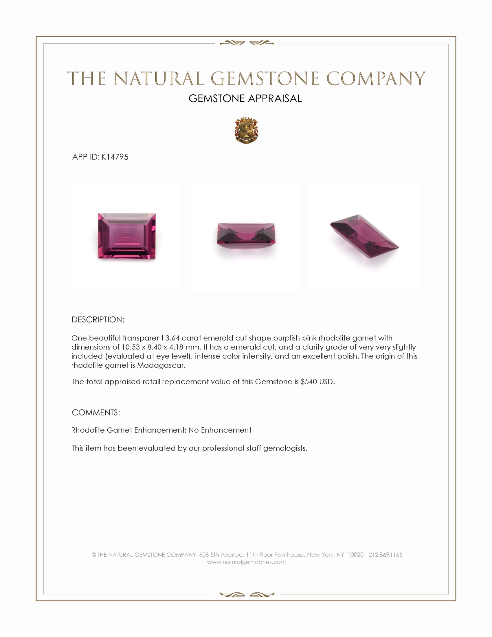 3.64 Ct. Purplish Pink Rhodolite Garnet from Madagascar