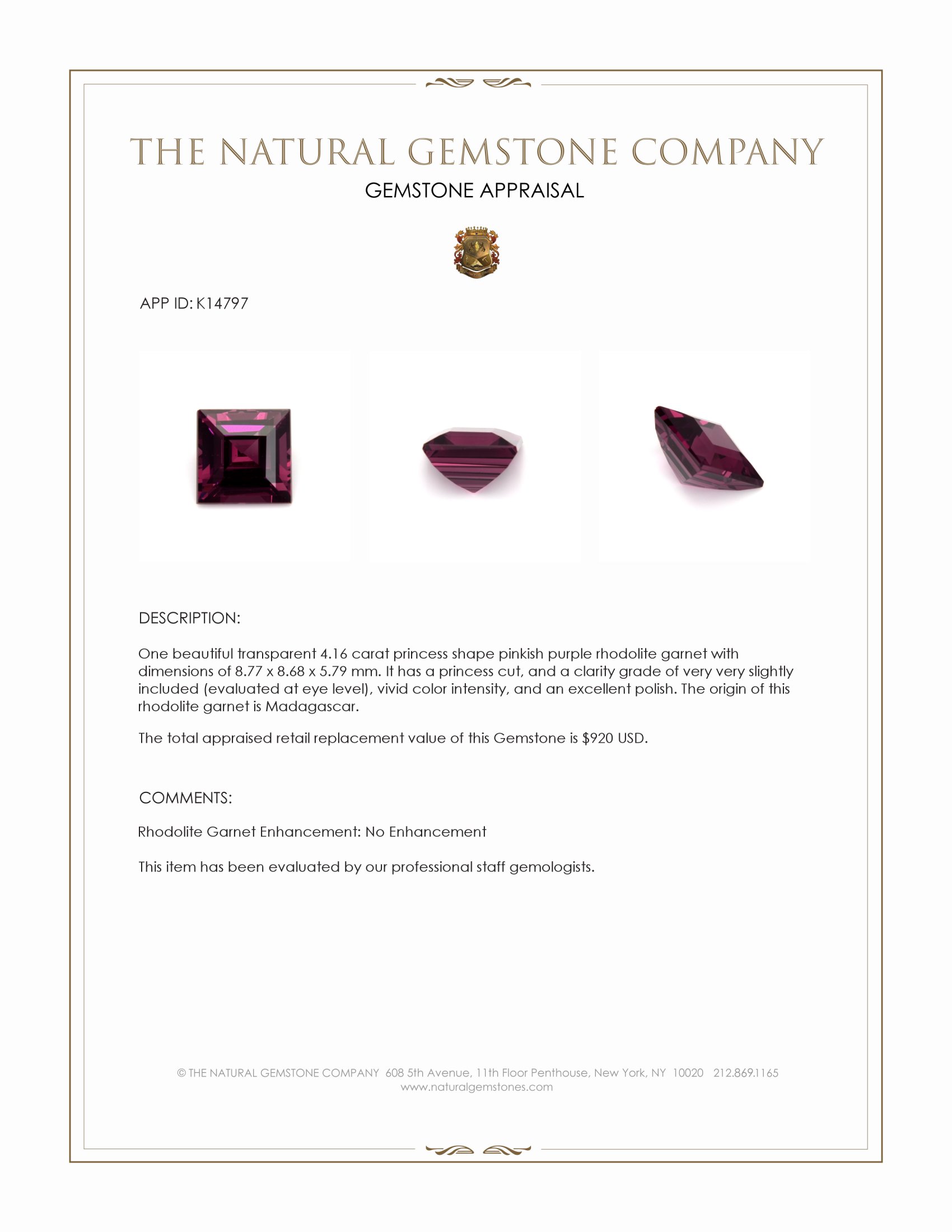 4.16 Ct. Pinkish Purple Rhodolite Garnet from Madagascar
