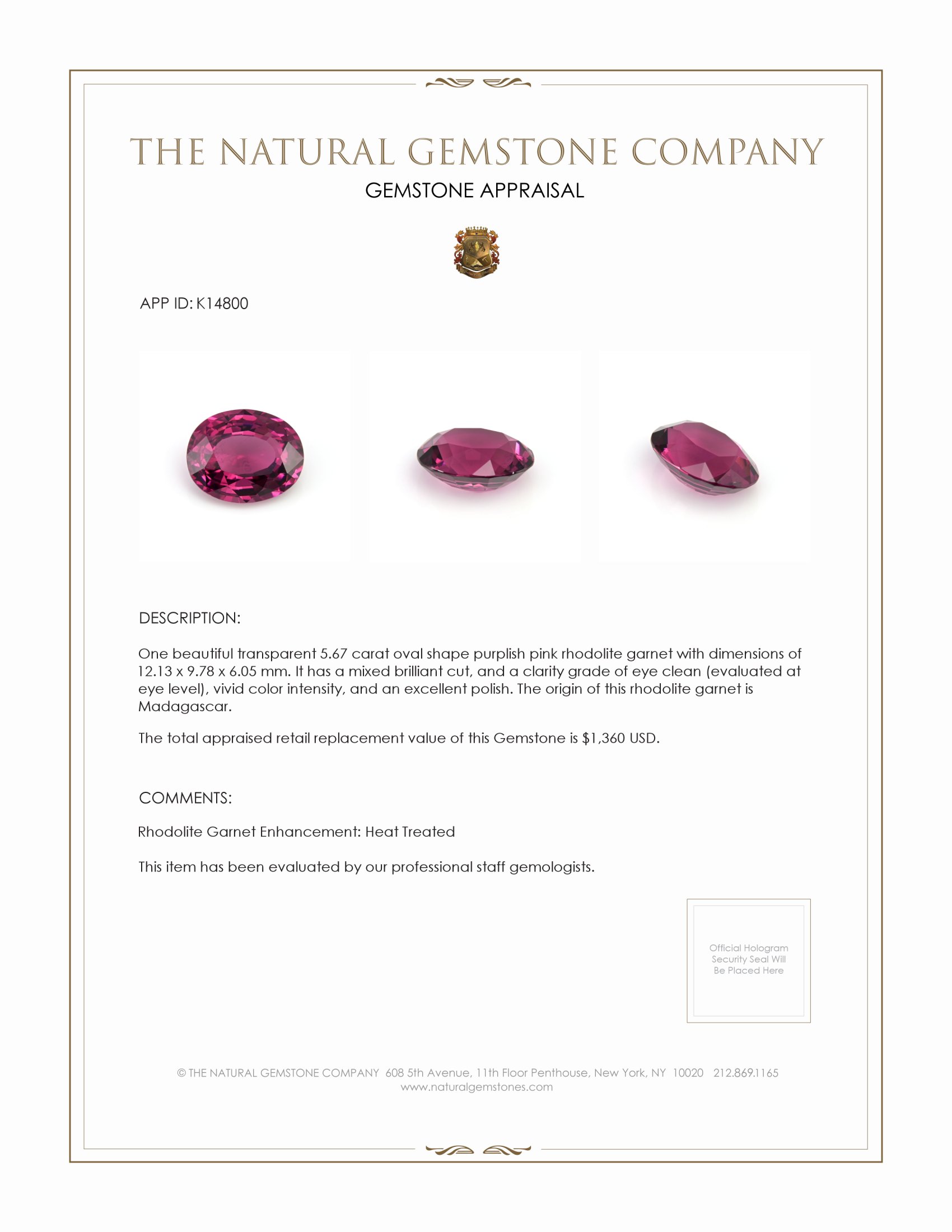 5.67 Ct. Rhodolite Garnet from Madagascar