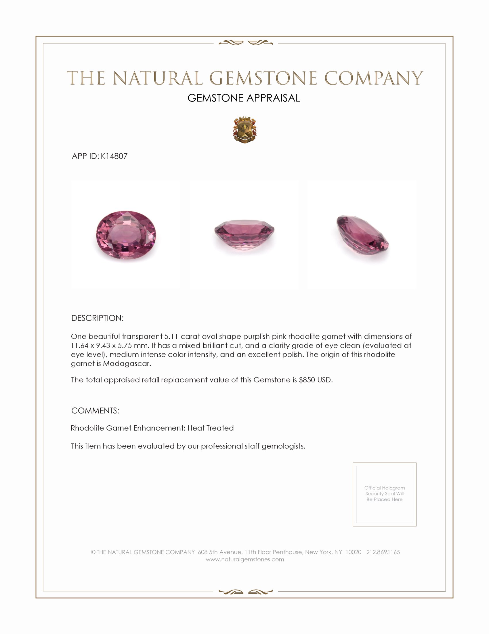 5.11 Ct. Rhodolite Garnet from Madagascar