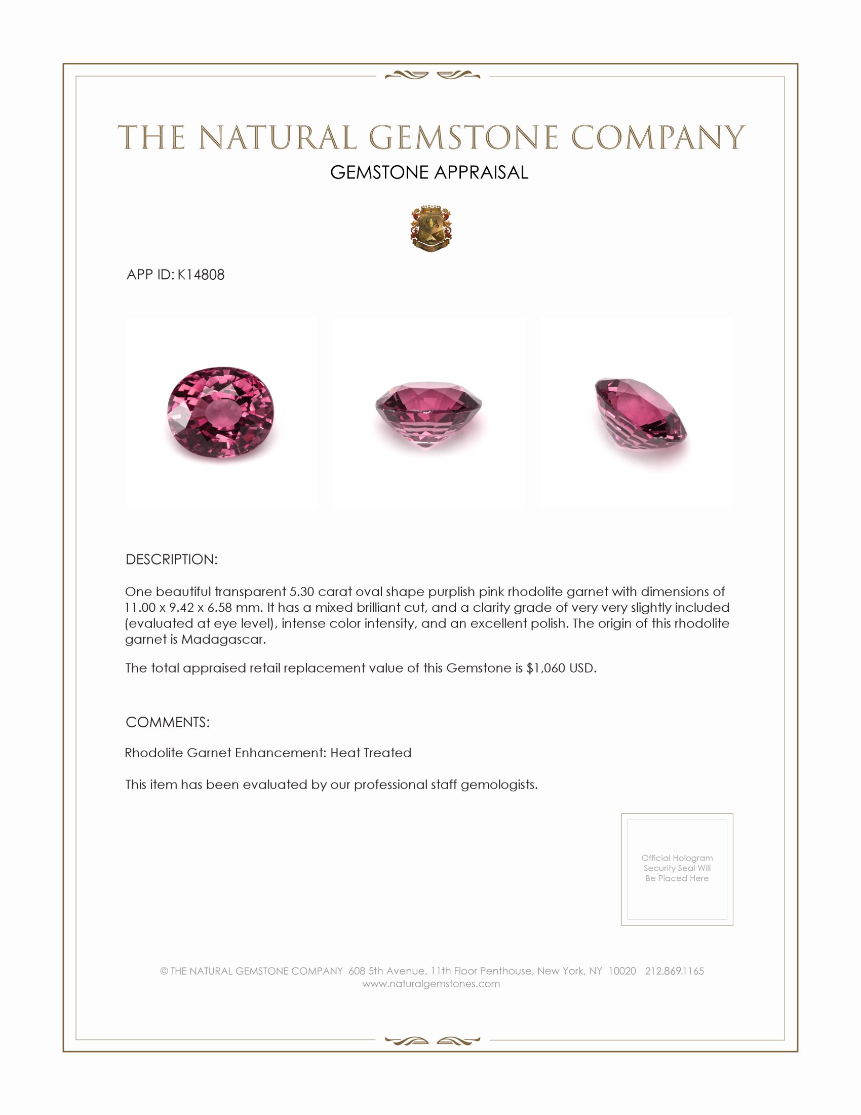 5.30 Ct. Rhodolite Garnet from Madagascar