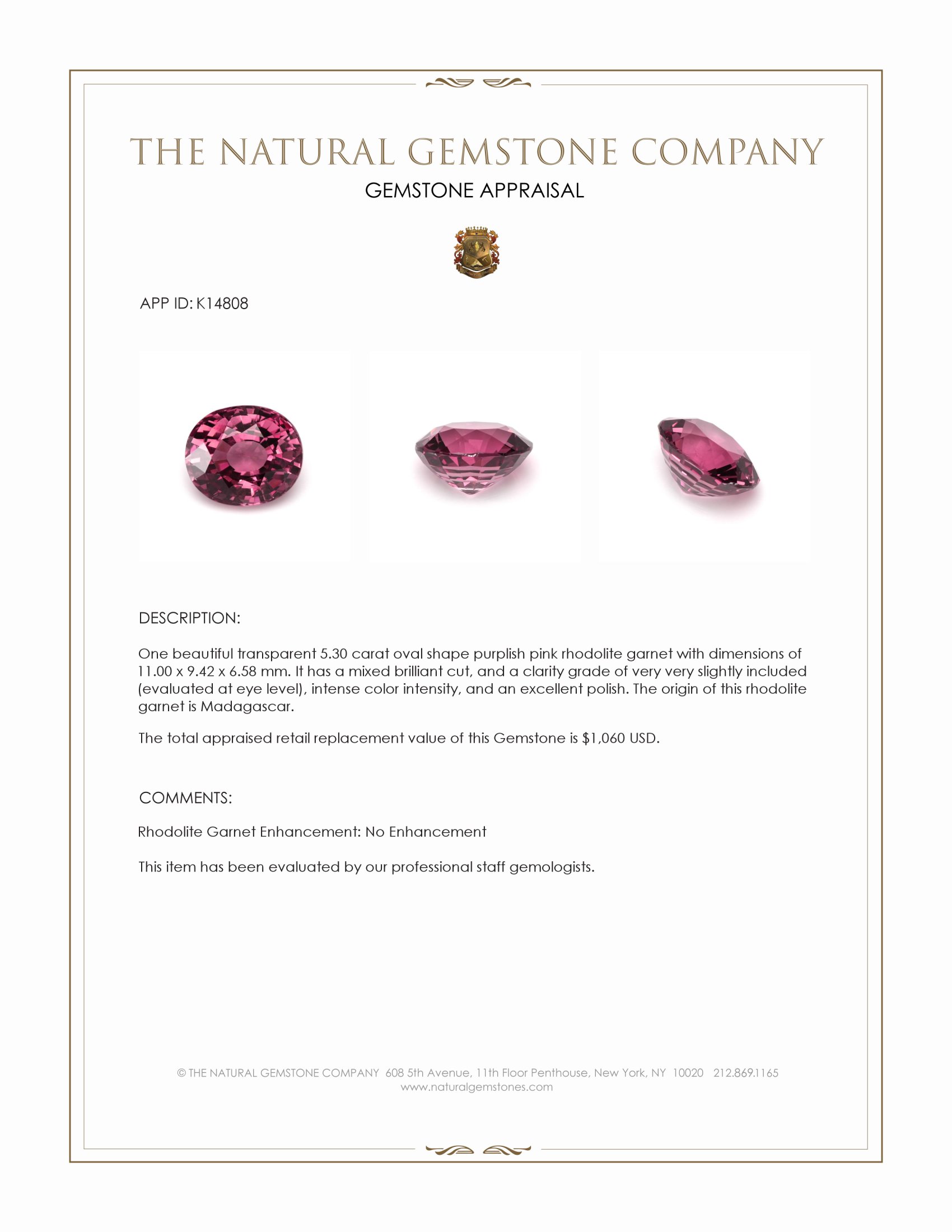 5.30 Ct. Purplish Pink Rhodolite Garnet from Madagascar